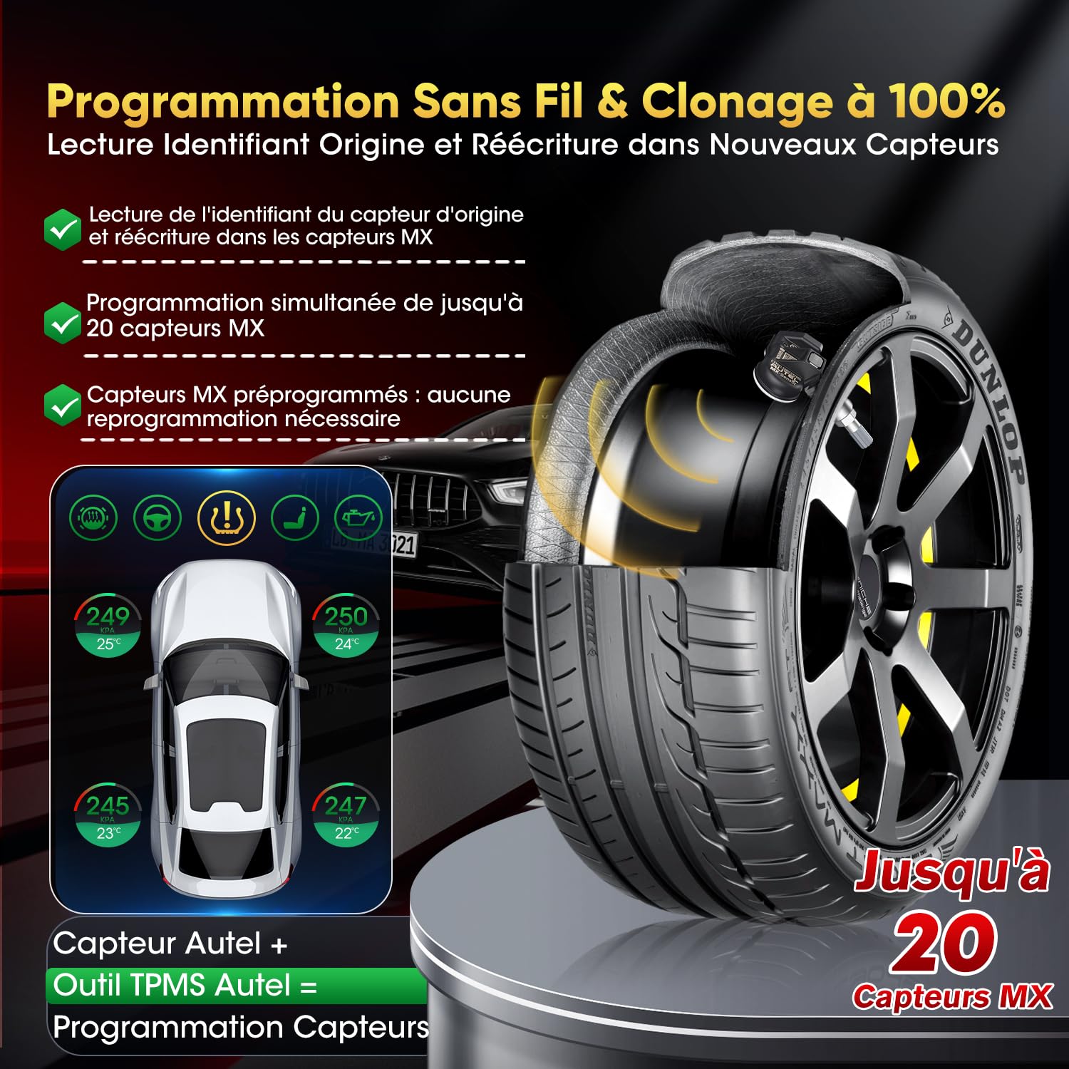 Autel TPMS Sensor 2en1 MX-Sensor, 1-Sensor Press-in Tire Pressure Monitor System Capteur, OE-Level Programmable & Clonable Wireless TPMS Sensor pour Tous Véhicules (Rubber Valve, 4PCS)