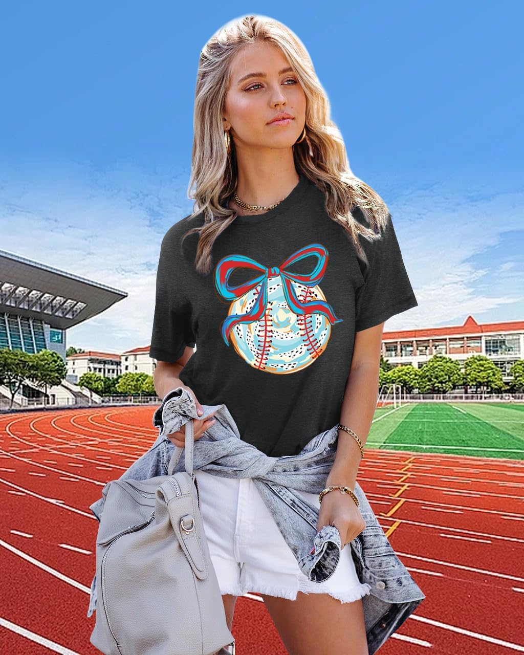 Baseball Shirts Women Baseball Bow Graphic T-Shirt Mom Gifts Tees Game Day Short Sleeve Tops - Image 5