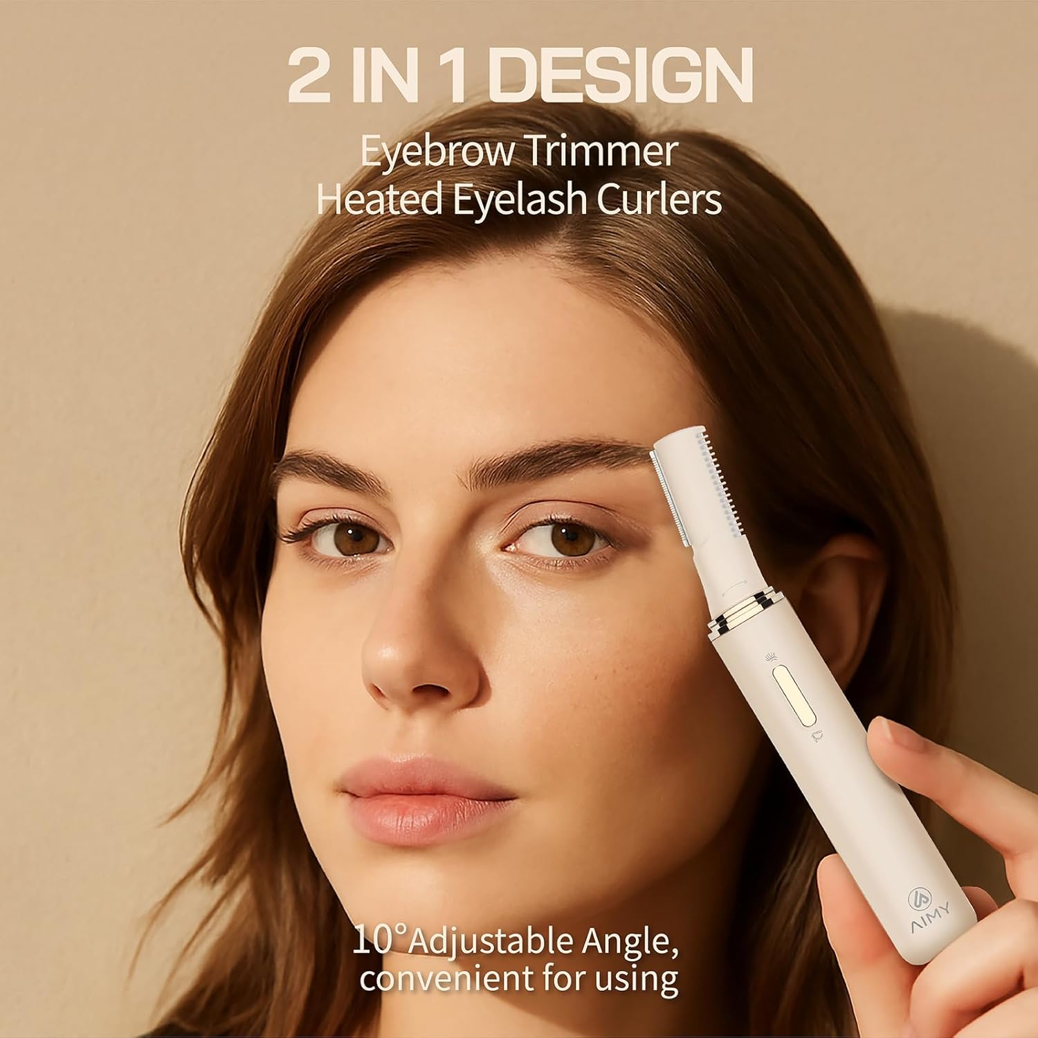 2-in-1 Heated Eyelash Curler and Eyebrow Trimmer for Women, Dual Temp, 10° Flex Head,Type-C Charging, Detachable Blades, Auto Off and Travel Lock, Ergonomic Comfort Design (LightApricot)