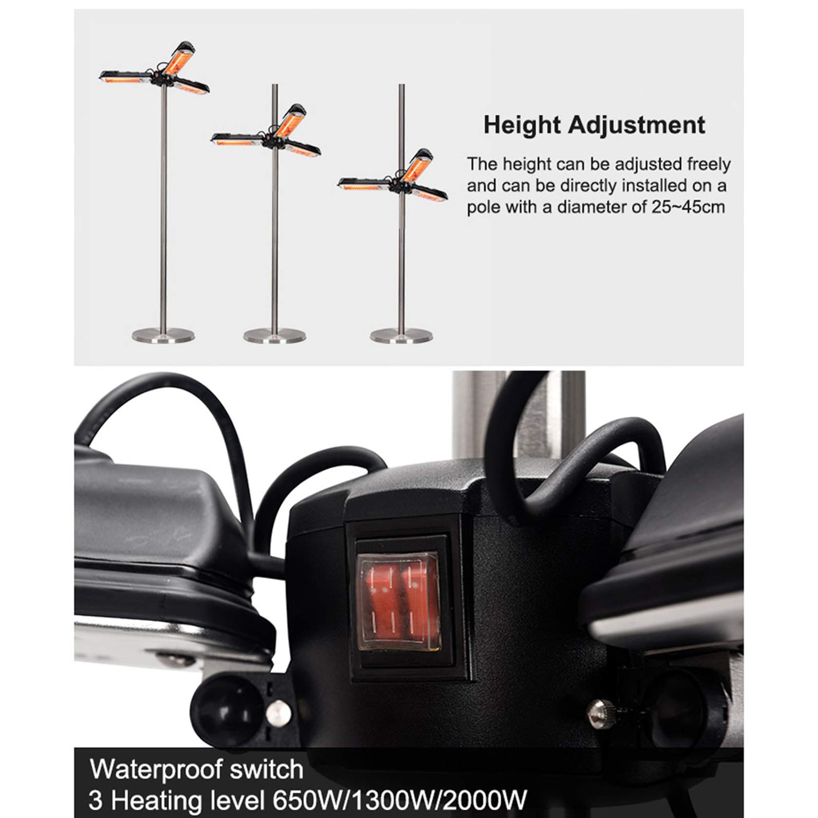 2000W Calorifero Ombrellone Elettrico Esterno Lampada Riscaldante per Giardino Gazebo Veranda Autoportante o Sospeso, Regolabile in 3 Livelli, Staffa, Regolabile in Altezza, IP44, Bracket Style