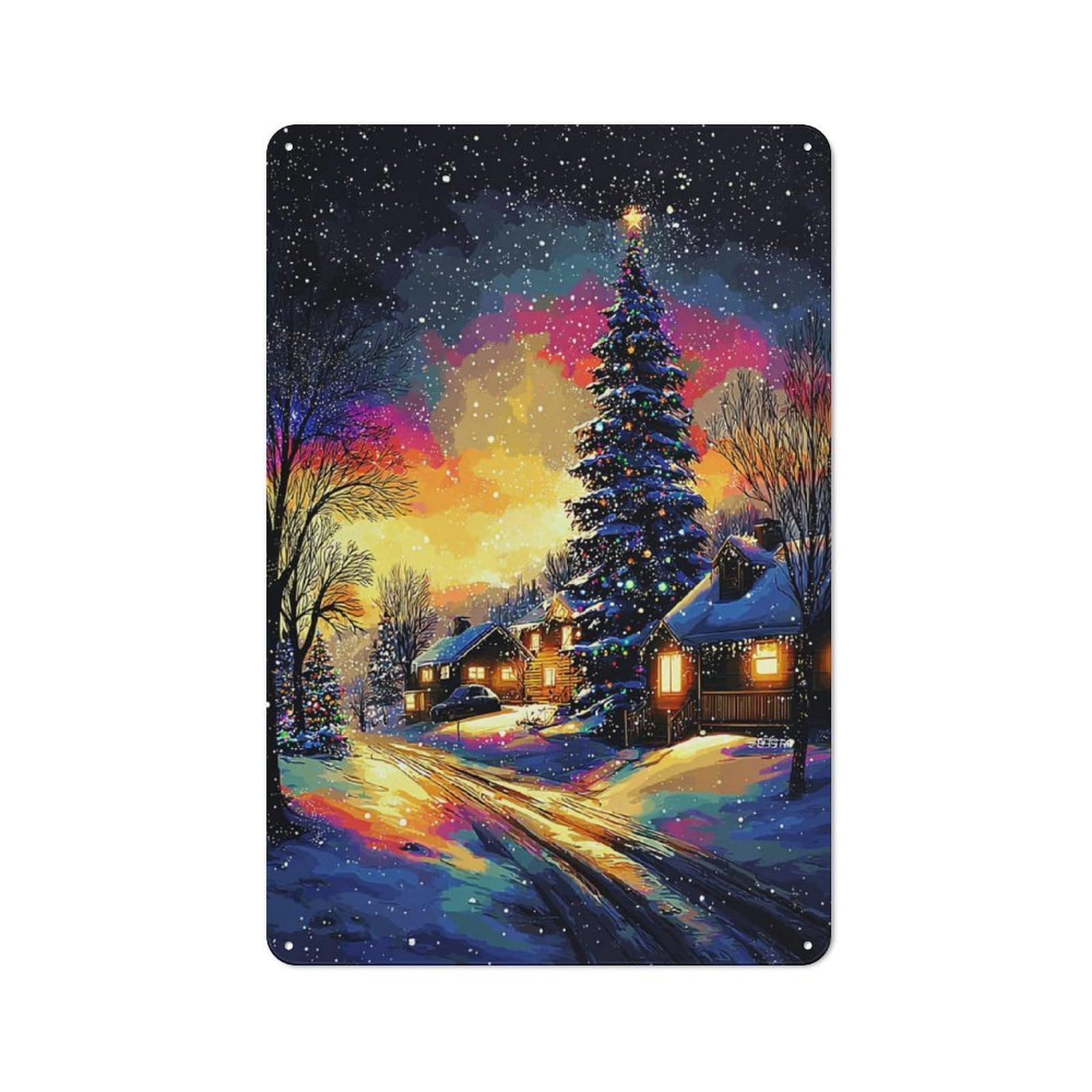 Junmoney Christmas Night Village Scene Decorative Tin Sign With Design 30X20cm, Farmhouse Cottage Wall Art For Farmhouse Kitchen, Pantry Or Dining Area