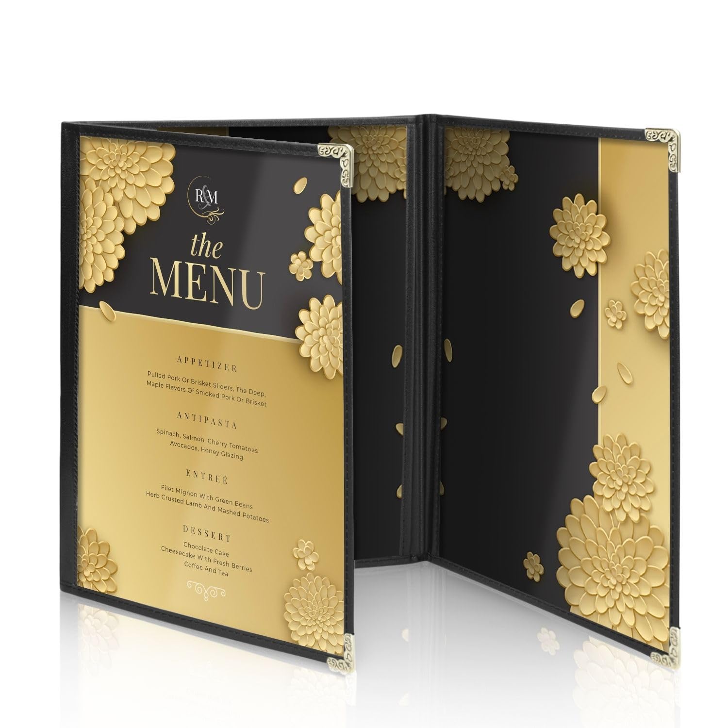 Flexzion Menu Holder 8.5" x 11" - Triple Stitched Menu Covers with Clear PVC, Black Binding & Gold Corners, Trifold 3 Pages 6 Views Menu Book for Restaurant, Cafe, Bar, & Catering Hall (1 Pack)