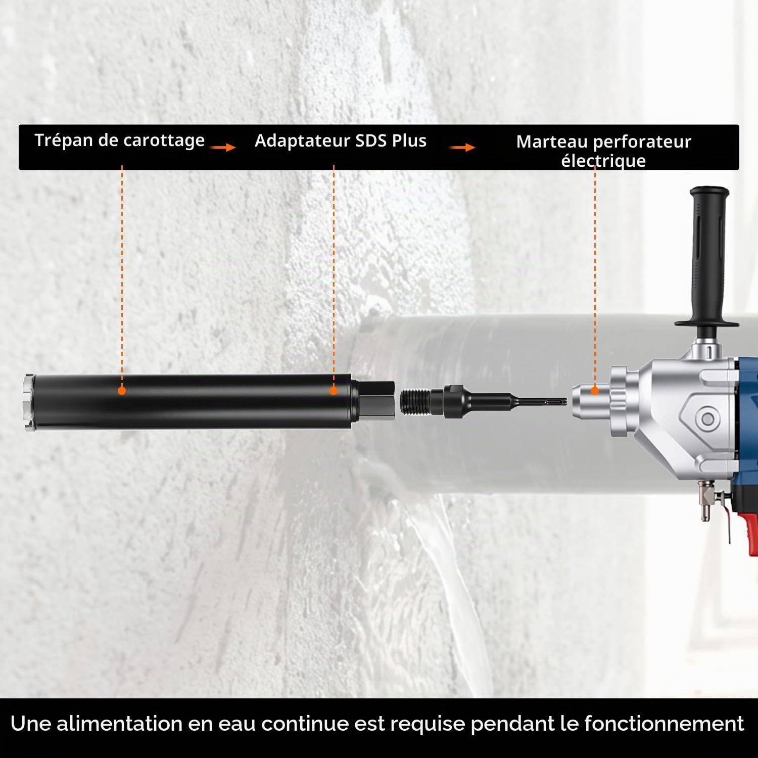 QWORK® Couronne de forage diamantée 1¼" UNC avec SDS Plus adaptateur compatible, Ø 68 mm, L 420 mm. Idéal pour le béton armé, le béton, le marbre et les ouvertures murales.