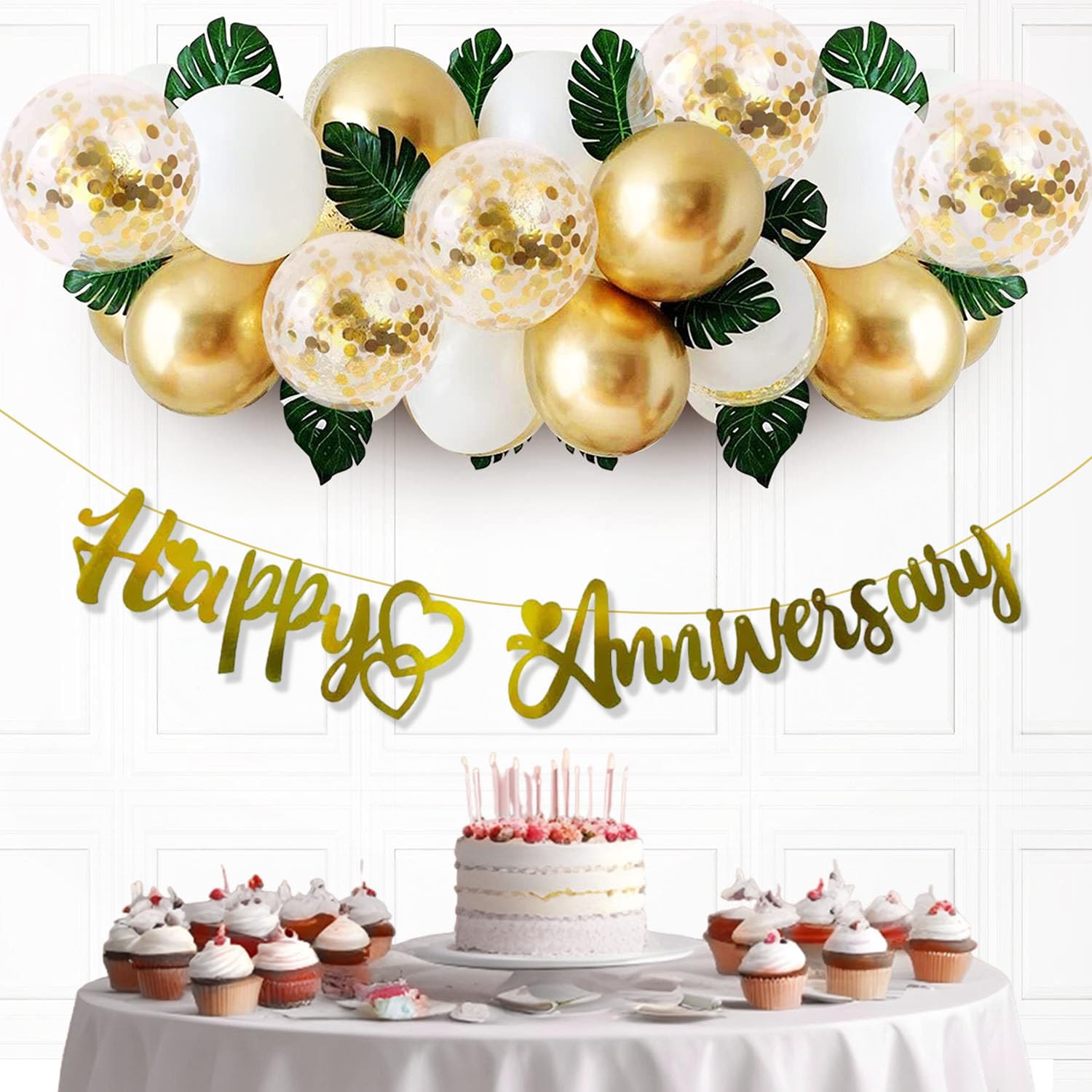 Party Propz Golden Wedding Anniversary Decoration Items - 36 Pcs Golden Balloons & Artificial Leaves, Golden Confetti Balloons and Happy Anniversary Banner (Cardstock)