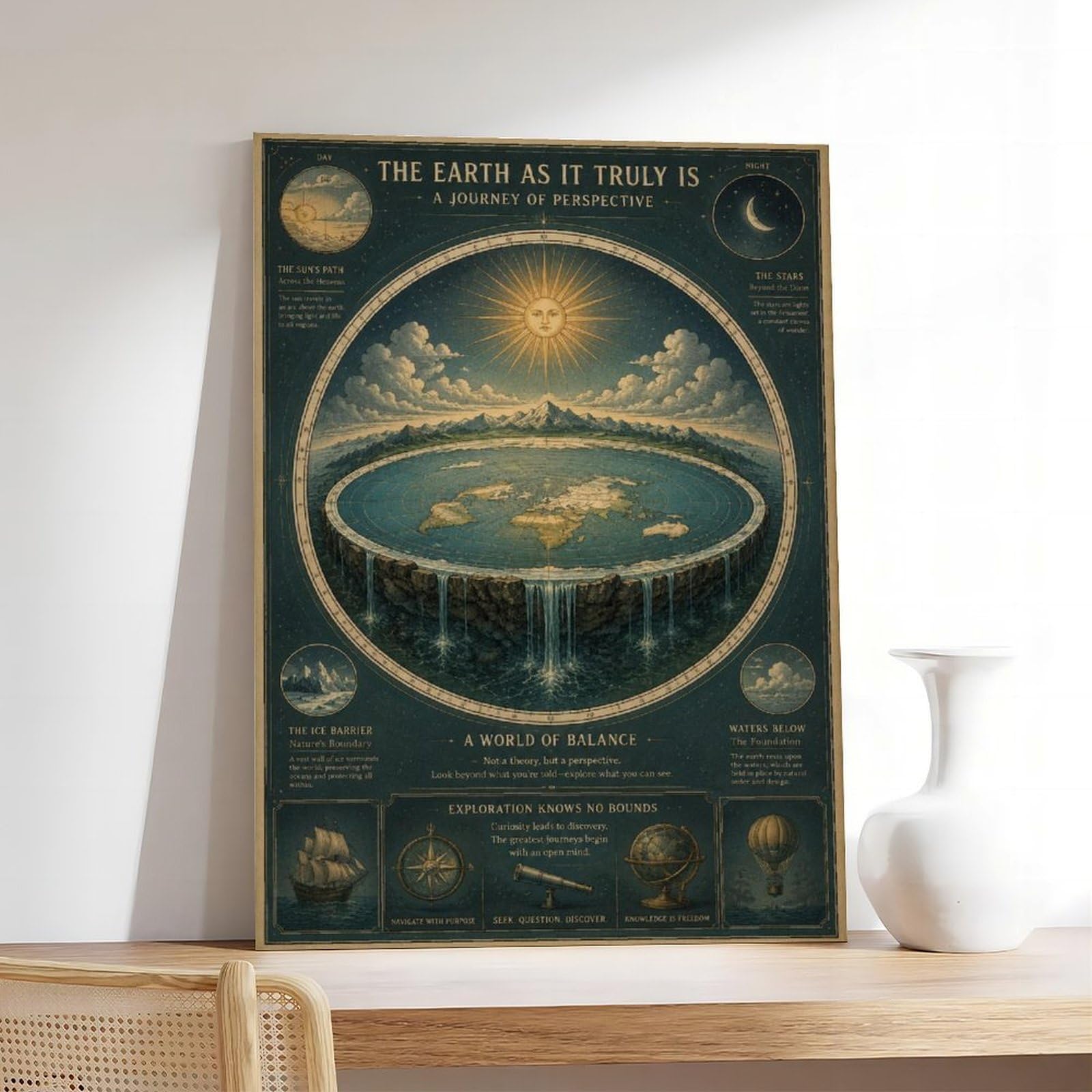 ASGRCN Póster de lienzo con mapa de la tierra plano y antiguo celestial para decoración de dormitorio, regalo