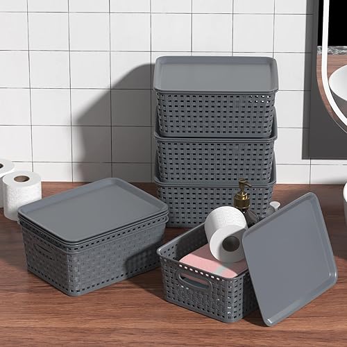 Miniatura 7 de Paquete de 6 cestas pequeñas de almacenamiento tejidas de plástico con tapa, canasta gris