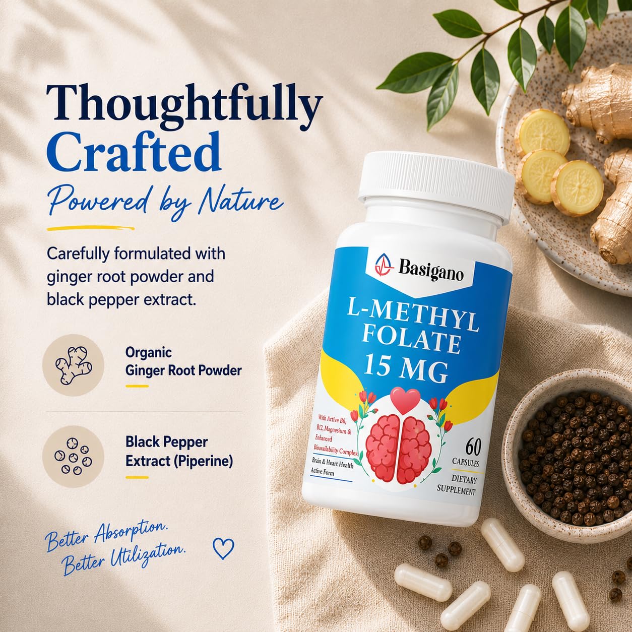 15mg L Methylfolate (5-MTHF)- Active Folic Acid-Enriched with Vitamins B6 and B12-60 Vegetarian Capsules - Non-GMO, Gluten-Free — Amazon image 5