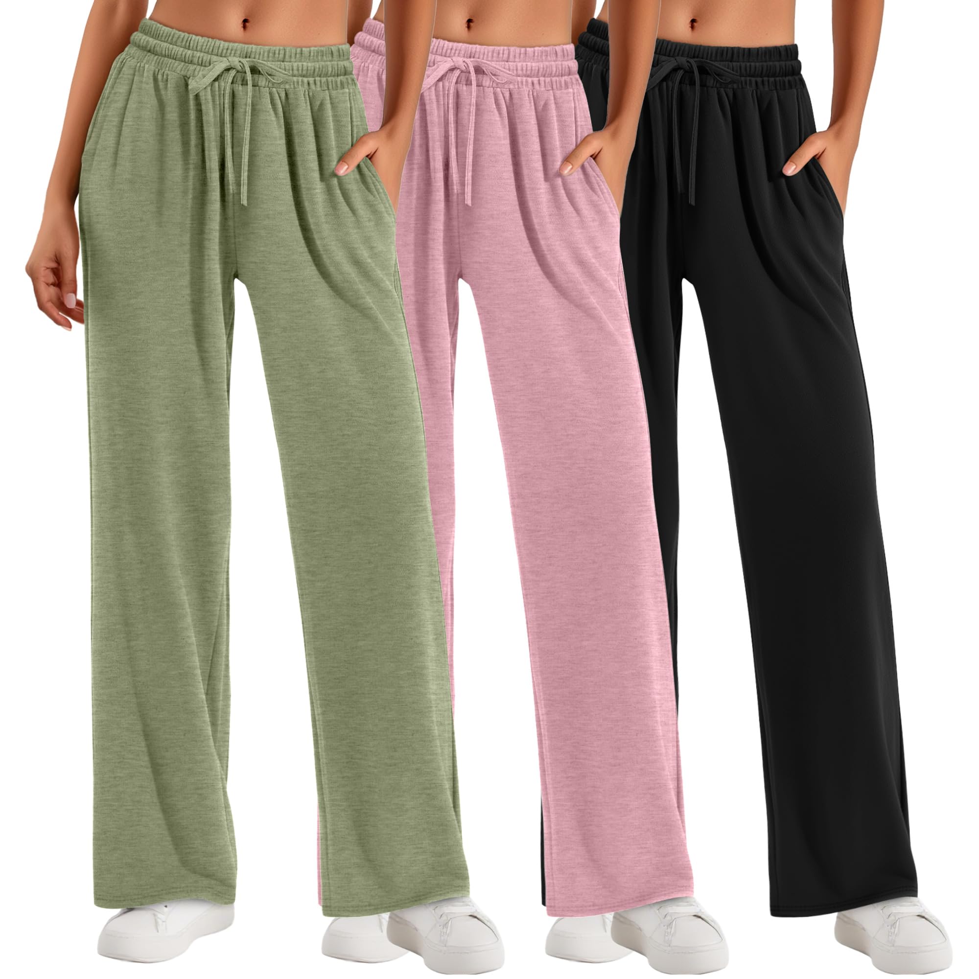 Neer 3 Pack Women's Baggy Sweatpants with Pockets, Wide Leg Yoga Pants Cozy Thick Lounge Pants Drawstring Casual Loose Jogger Black, Light Pink, Bean Green M
