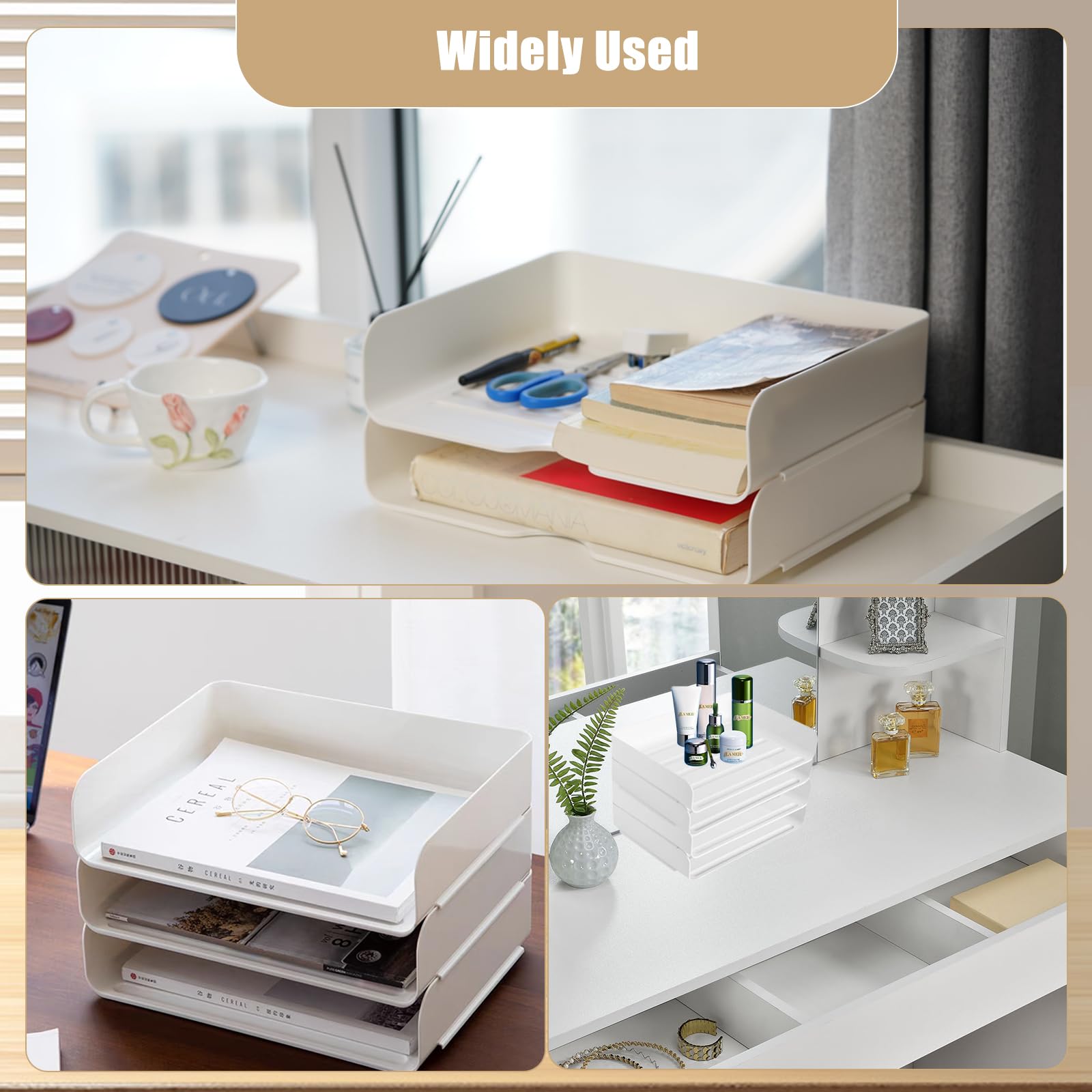 Organizador de escritorio y almacenamiento, organizador de bandeja de papel de 4 niveles, apilable, organizador de escritorio blanco y almacenamiento con 4 carpetas de archivos para documentos, papel,