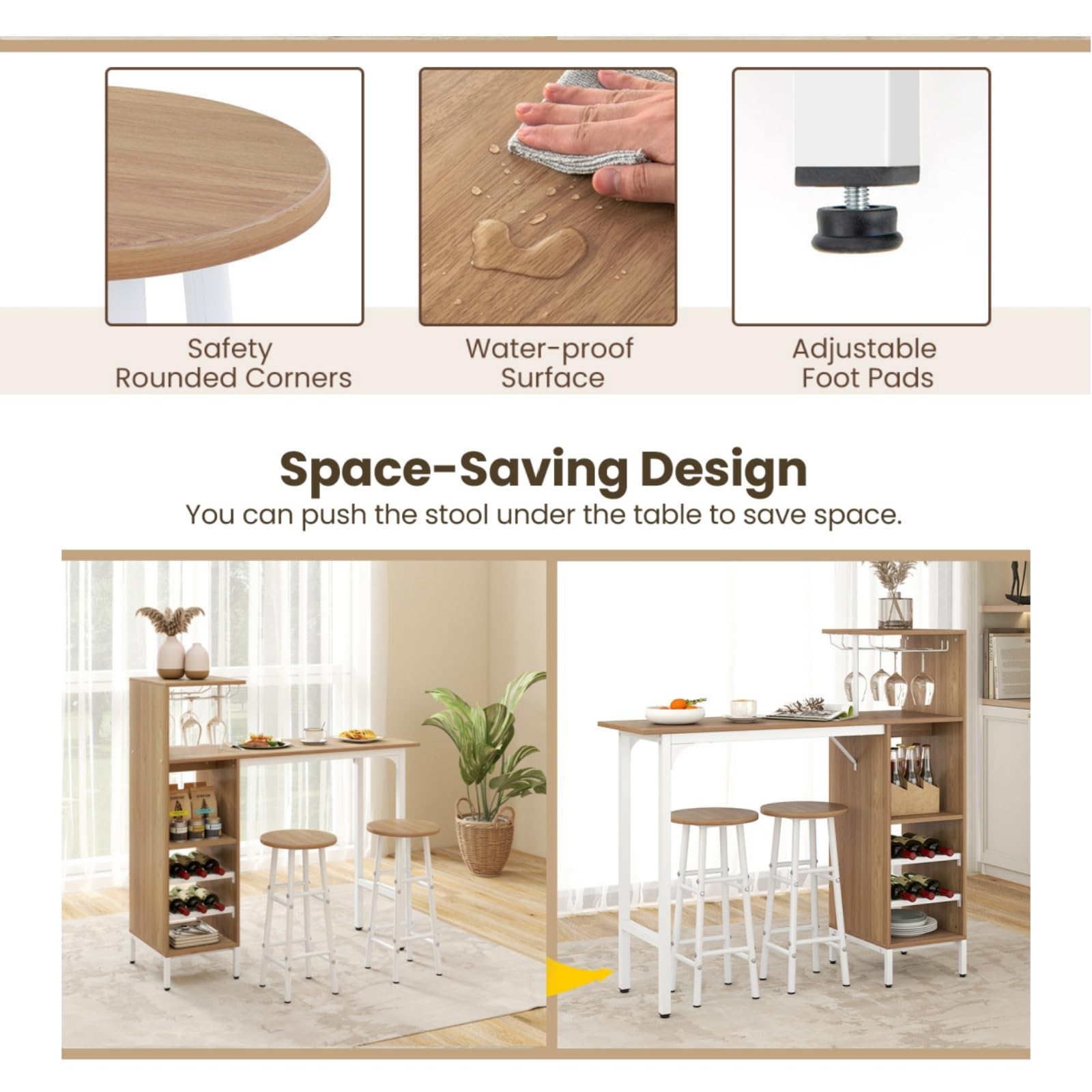 LIFEZEAL Lot Table Bar avec 2 Tabourets, Mange-Debout et Chaises avec Repose-Pieds, Table à Manger avec Porte-gobelet et 5 Étagères, Table Bistrot Acier Industriel, Charge 150kg (Naturel)