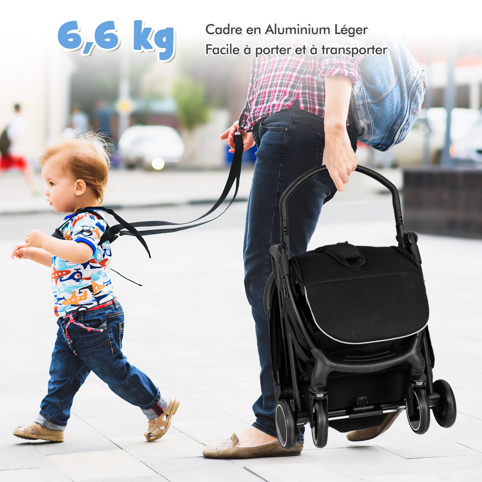 DREAMADE Poussette pour Bébé, Poussette Canne Ultra Compacte avec Harnais à 5 Points, Poussette Bébé Capote Grande avec Une Fenêtre, Pliage d'Une Main, Dossier Réglable, pour Enfant 0-3 Ans(Noir)