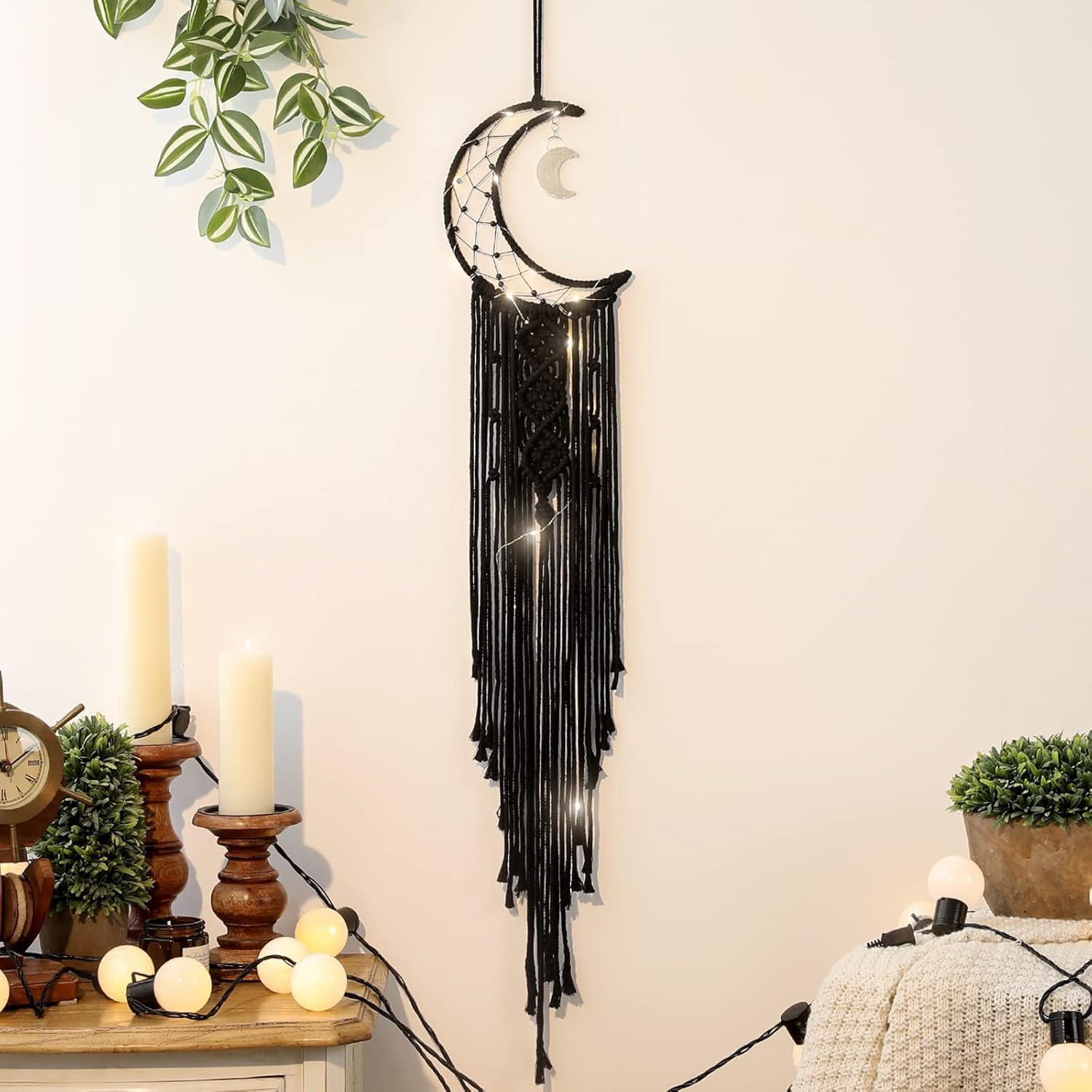 zazzish house - handmade macrame star moon dream catcher boho wall hanging decor, best gift for girls, friends, marriege party, home, bedroom, living room decoration (*without light*) (black)