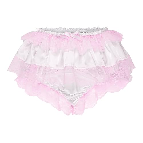 Satini Rüschen Spitze Sissy Gerafft French Knickers Slips Dessous Seidig Satin Unterwäsche Höschen - L - Weiß