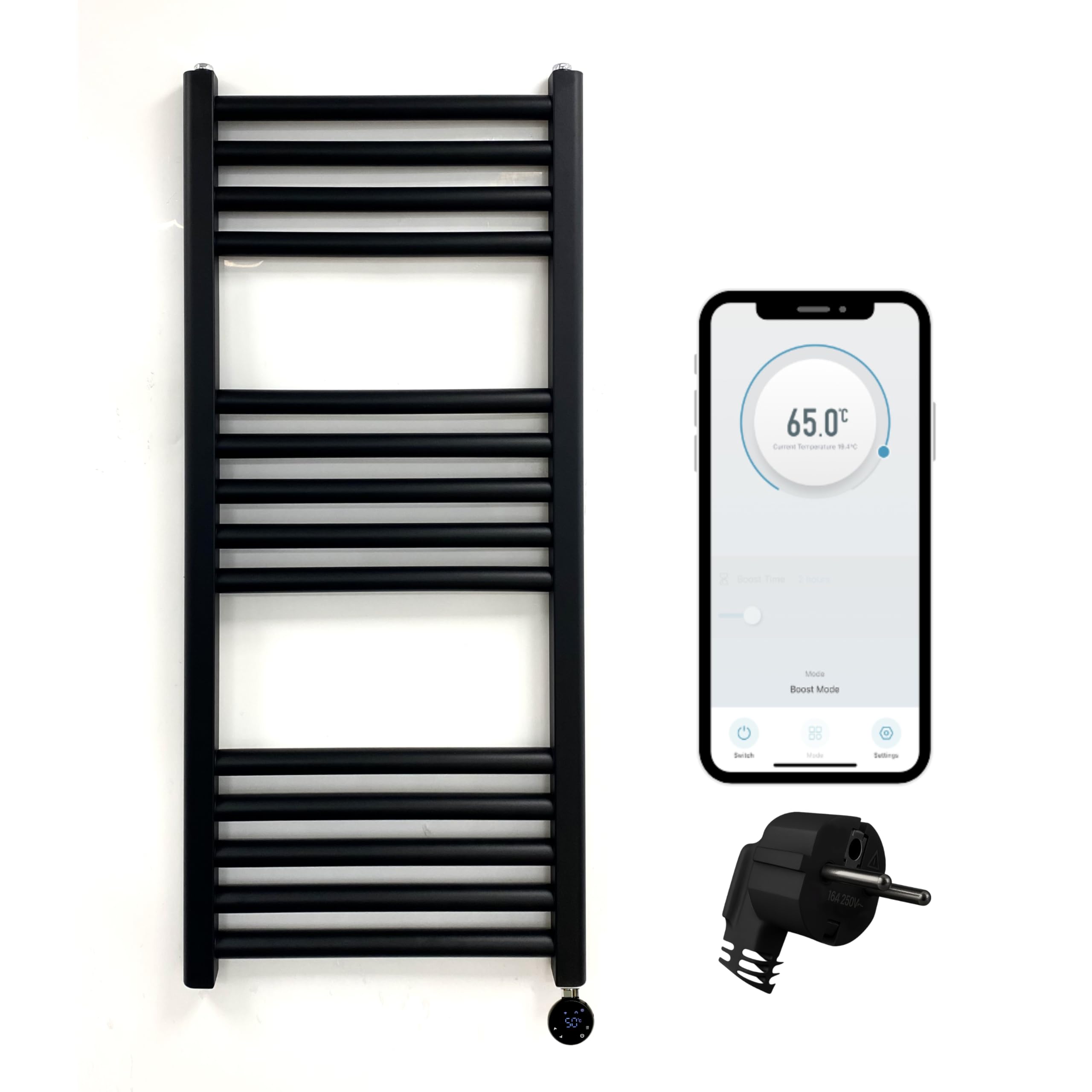 Termoarredo elettrico WiFi scalda asciugamani Smart Flat con timer programmabile 7 giorni, compatibile con app (UE) (Nero, 400 mm L x 800 mm A)