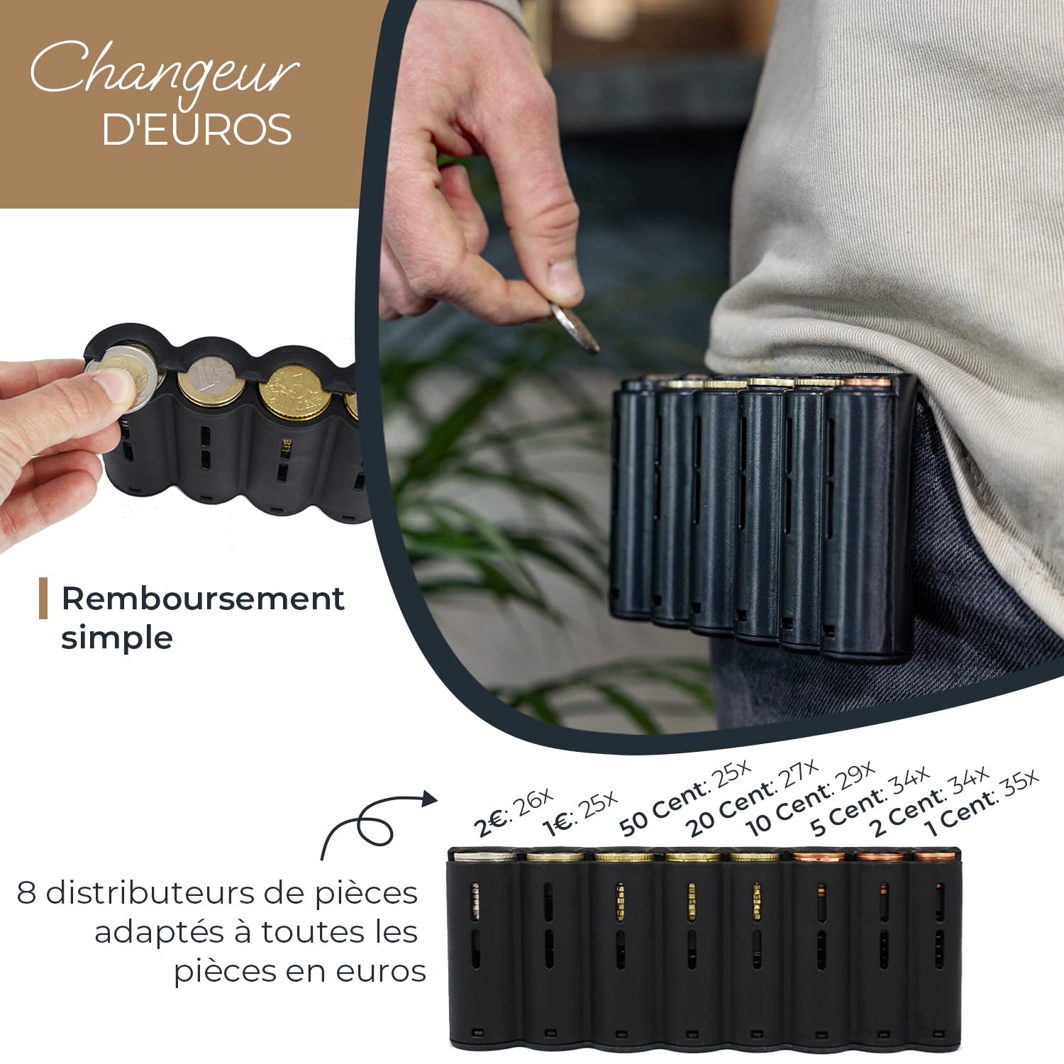 HMF Portefeuille Serveur avec Ceinture Réglable, Porte Monnaie avec Monnayeur Euro | pour Livreur, Chauffeur de Bus, Taxi | 20,5 x 10 x 6,5 cm | Noir