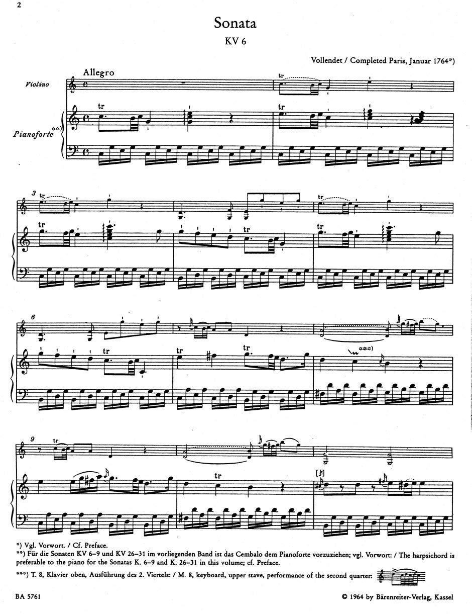 Sämtliche Werke für Klavier und Violine, Band 1 -Frühe Sonaten für Klavier und Violine 1764-1779-. Spielpartitur, Stimme: Urtext