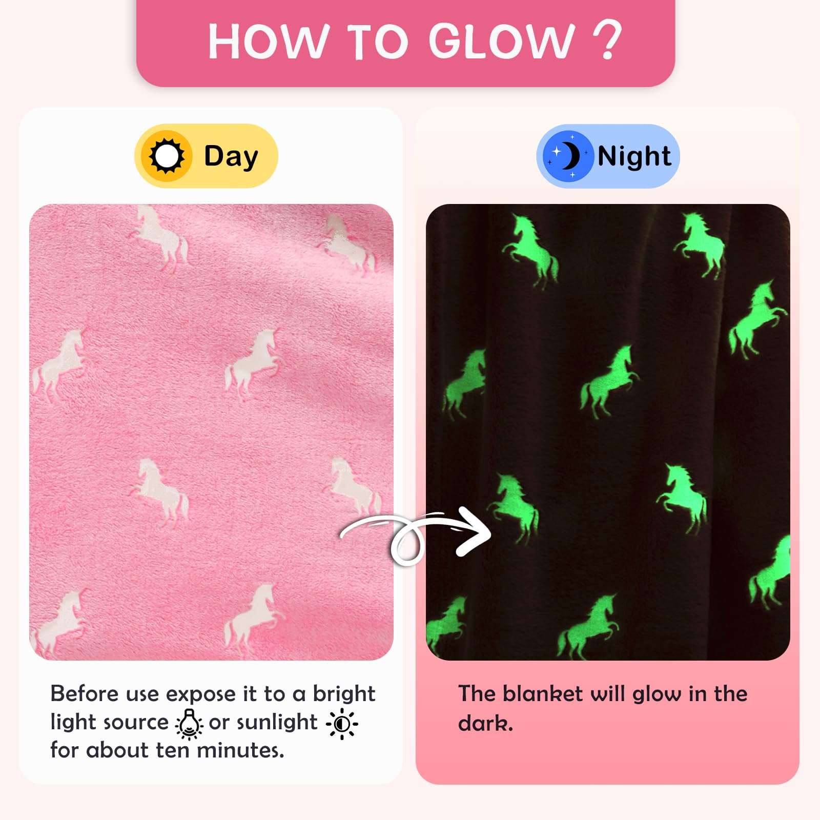 SOCHOW Coperta di Pile Unicorno, Fluorescente Si Illumina al Buio Super Morbida Coperta, Coperta per Tutte Le Stagioni per Bambini 150 x 200 cm, Rosa