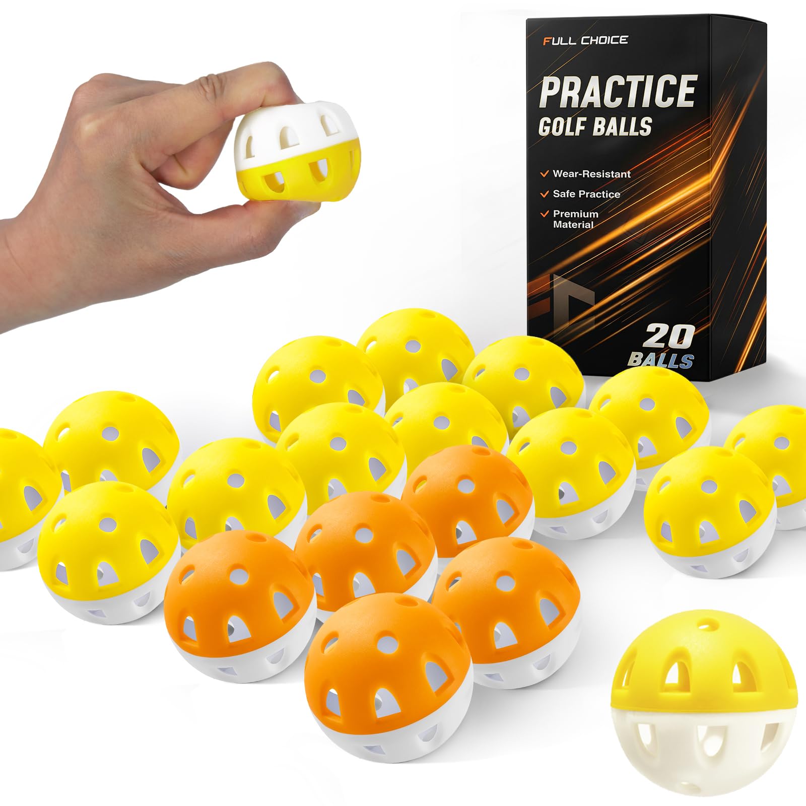 Full Choice Practice Golf Balls, Air Flow Plastic Golf Balls for Practice, 20 Pack Limited Flight Airflow Golf Training Balls, Indoor & Outdoor, 15 Yellow&5 Orange
