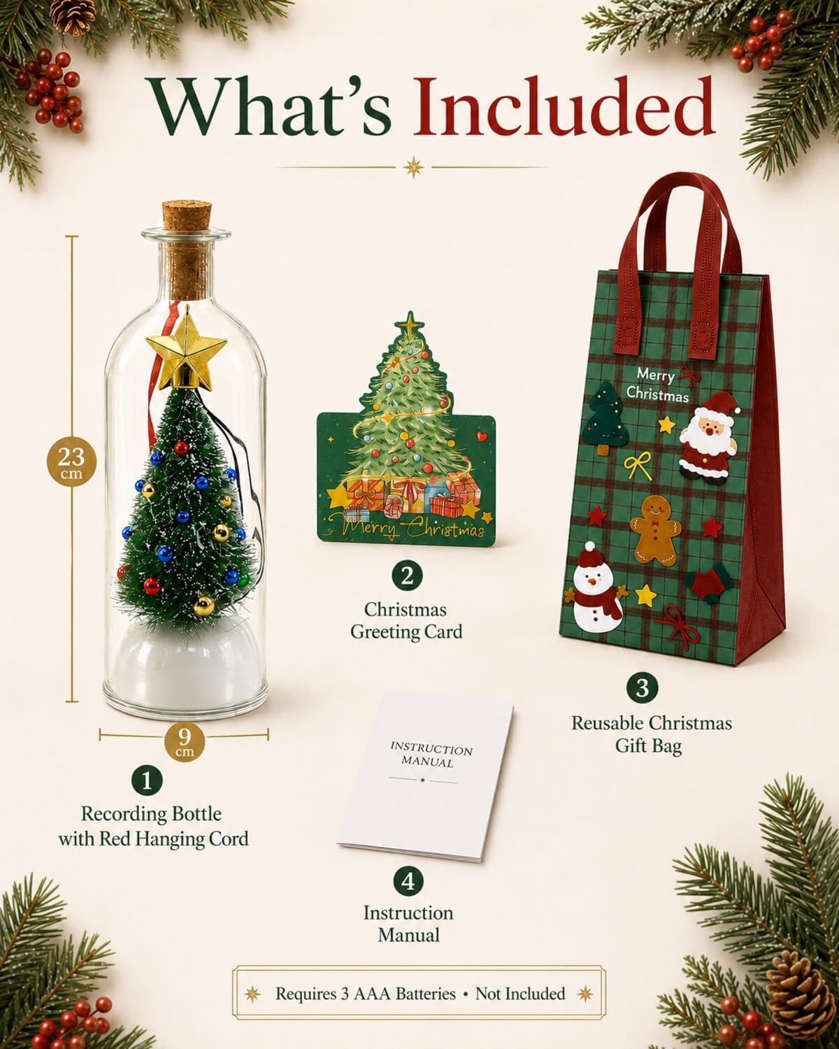 Riproduzione vocale con messaggio natalizio registrabile, confezione da 2 pezzi di ornamenti per albero di Natale in vetro con tappo in sughero, custodia per ricordi personalizzata per registrazione