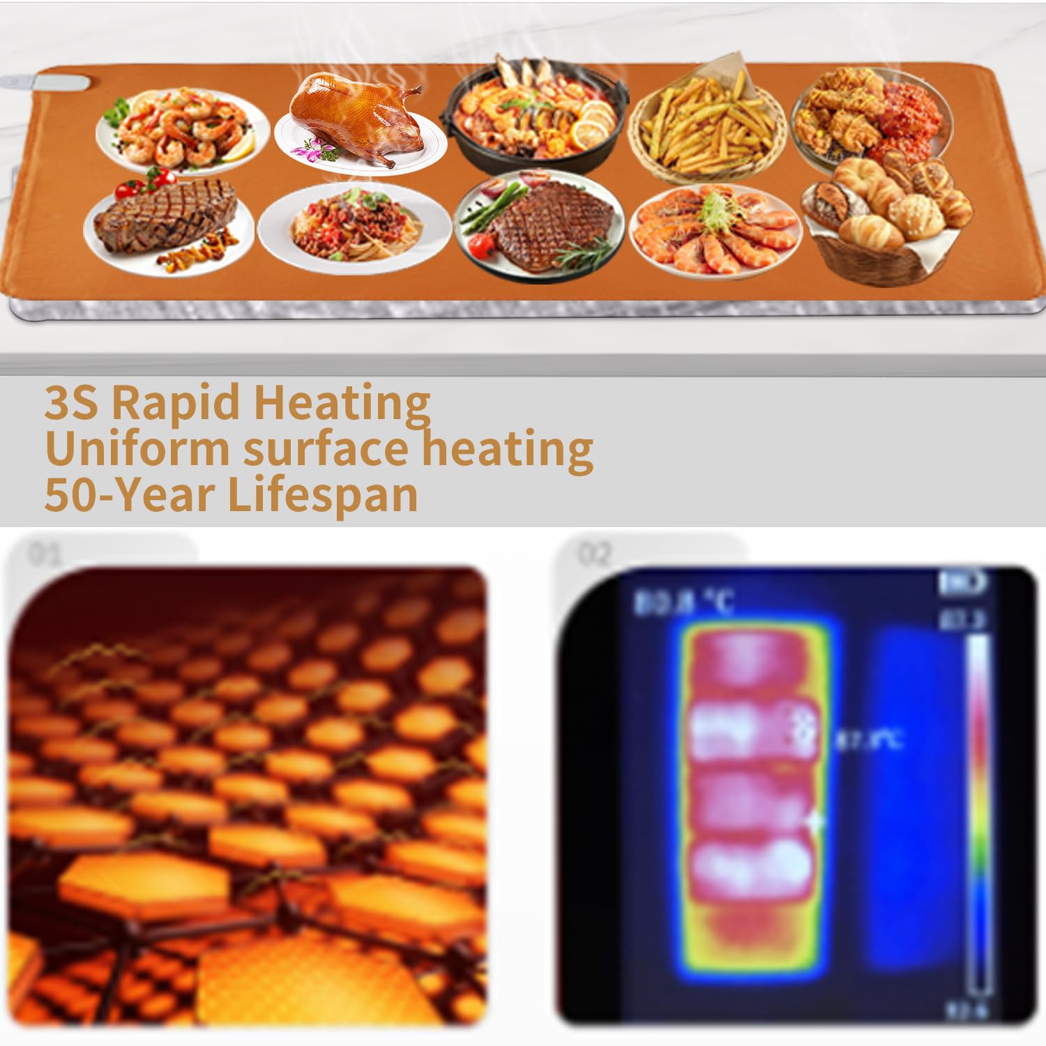 Calentamiento eléctrico, placa de calentamiento para alimentos, calentador de buffet, lámina calefactora de grafeno, temperatura ajustable y temporizador, piel sintética con revestimiento de silicona