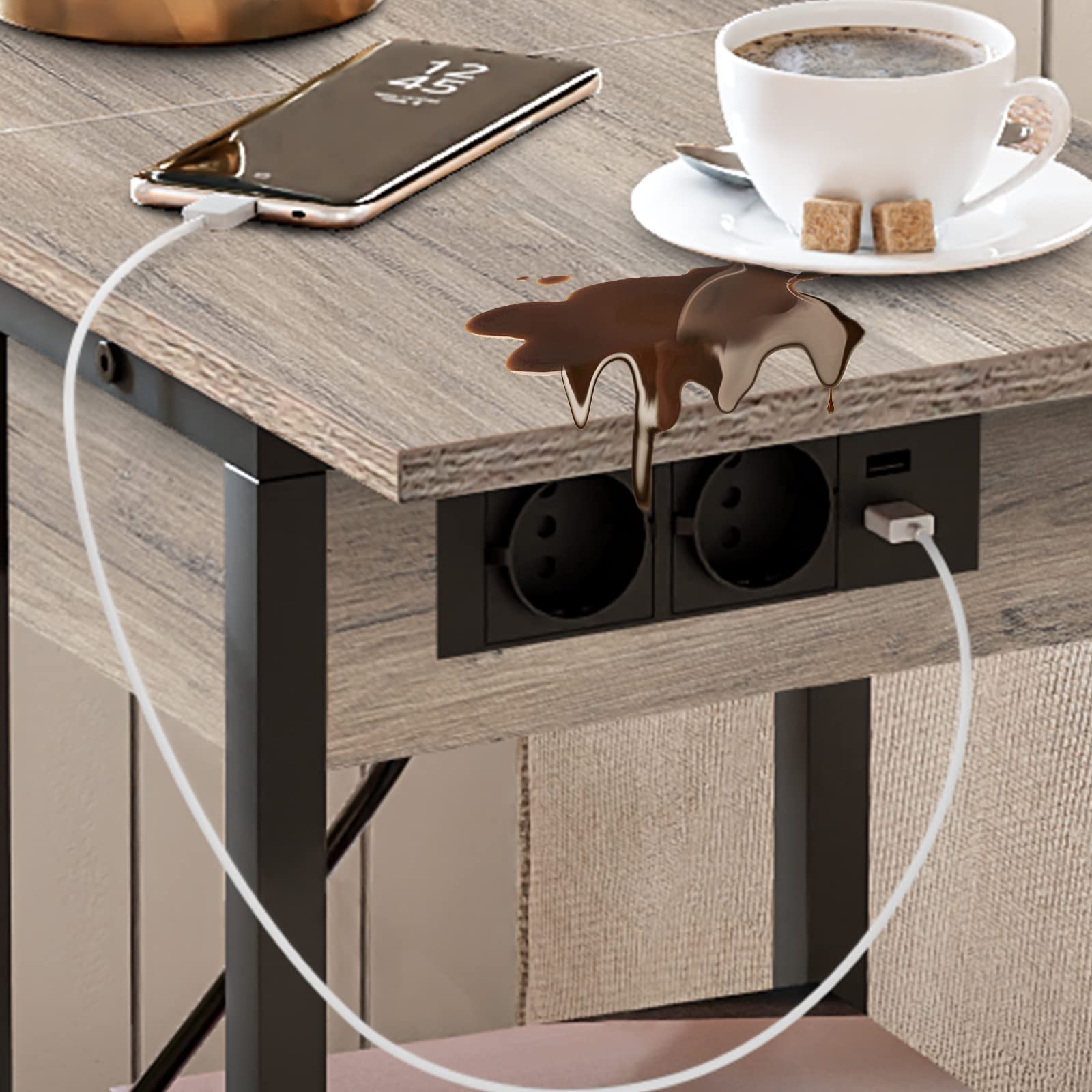HOOBRO Mesa Auxiliar con Estación de Carga, Mesa de Centro Abatible en Forma de C con Ruedas y Estante de Almacenamiento, Puertos USB Tomas Corriente, para Salón Dormitorio, Greige y Negro EBG022SF01