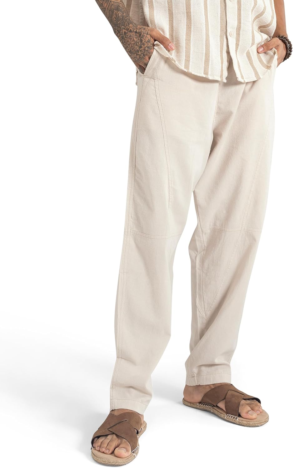 The Veshti Company Men’s Cotton Beach Pants – Lightweight Casual Travel, Yoga, Summer – Drawstring Trousers