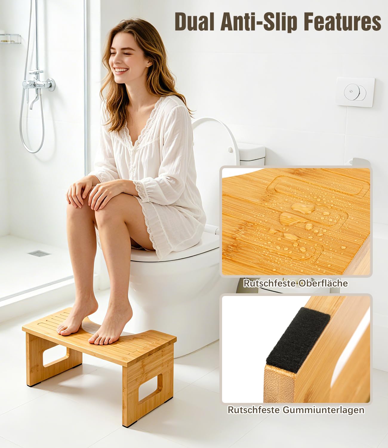 Toilettenhocker aus Bambus Holz für Erwachsene, Klohocker mit Anti-Rutsch-Pads, Ergonomischer WC Hocker für Badezimmer