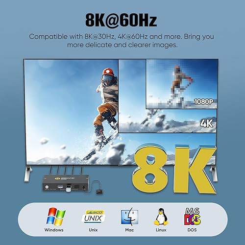 Miniatura 3 de Conmutadores KVM de 2 puertos 8K a 60Hz, interruptor KVM GREATHTEK HDMI Compartir dispositivos USB con 3 concentradores USB3.0, 2 computadoras, 1
