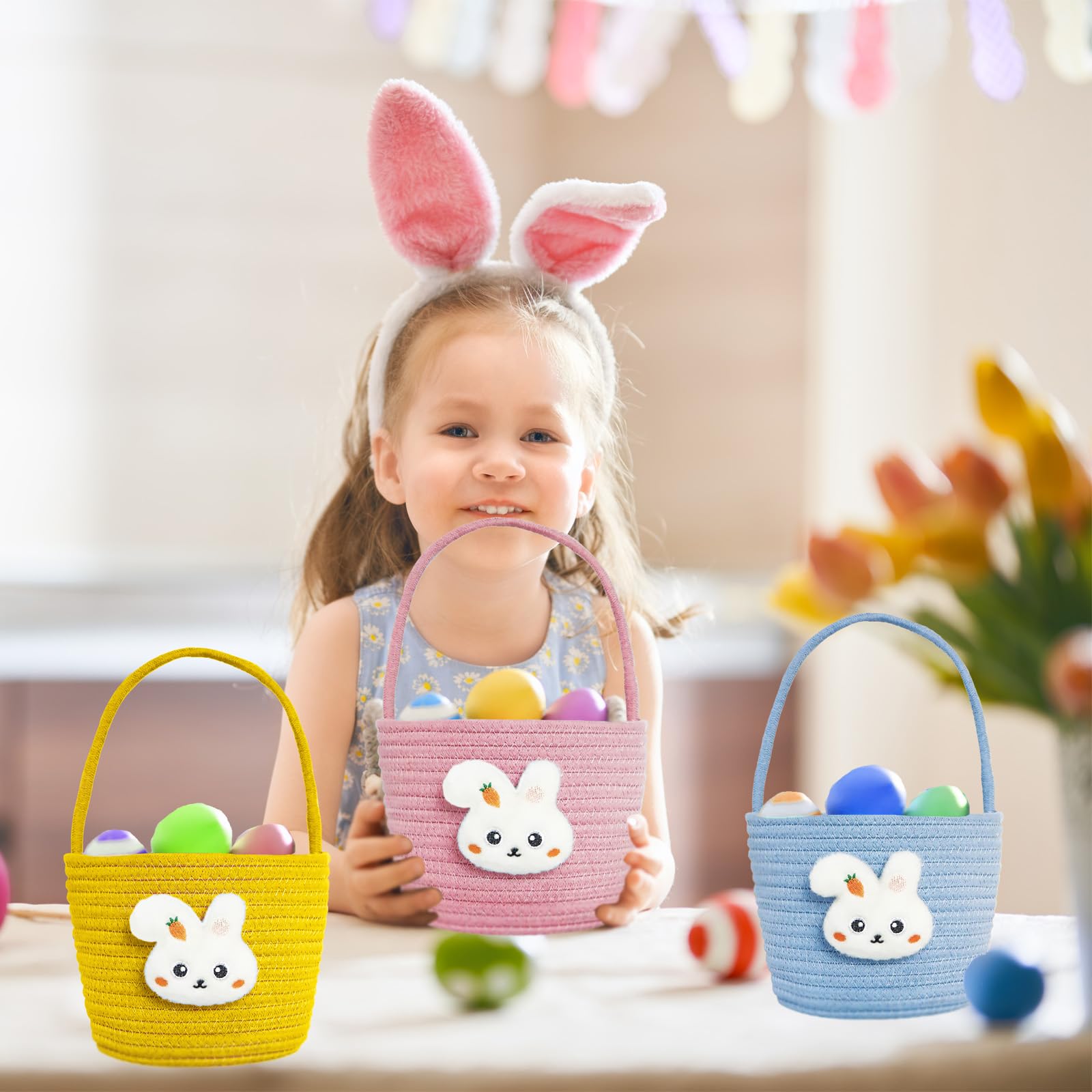 Oster-Geschenkkorb leer mit Geschenktüten und Bändern, Osterhasenkorb, Baby-Geschenkkorb, kleine gewebte Seilkörbe zum Organisieren, Korb zum Verschenken, Aufbewahrungskorb, Behälter, Gelb