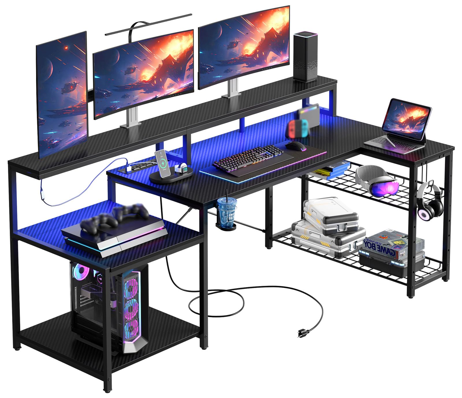 Bestier Gaming Desk with Power Outlet, 71.5 inch LED Computer Desk with Monitor Stand, L Shaped Large Desk with Metal Shelf, Cup Holder & Headset Hooks, Corner Desk for Bedroom 3D Carbon Fiber