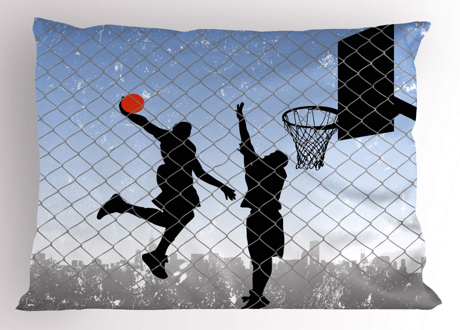 Lunarable Sports Pillow Sham, Basketball in The Street Theme 2 Players on Grungy Damaged Backdrop, Decorative Standard Size Printed Pillowcase, 26