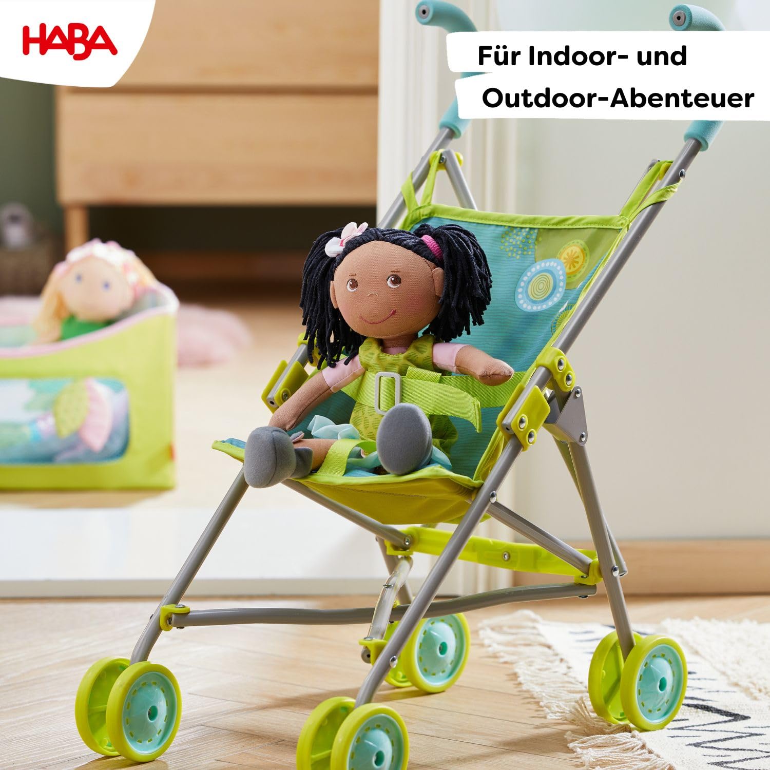 HABA 306208 – wózek dla lalek letnia łąka, akcesoria dla lalek od 3 lat, 25 x 25 x 63 cm