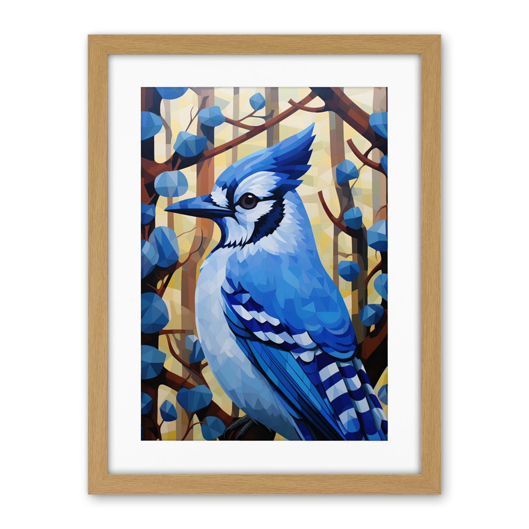 Artery8 Blue Jay Geometric Artwork Wild Bird Perched on Tree Polygonal Forest Landscape Artwork Framed Wall Art Print 18X24 Inch