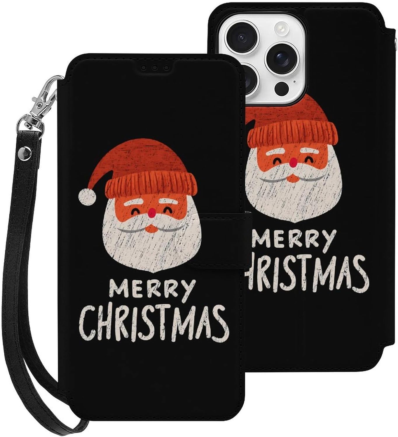 Merry Christmas Santa Compatible with iPhone 16/16 Plus/16 Pro/16 Pro Max/16 E Case Phone Wallet Card Holder Flip Cover with Wrist Strap
