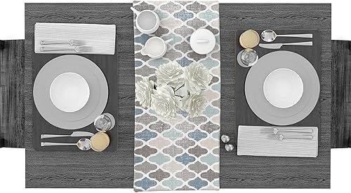 Miniatura 3 de Camino de mesa Marruecos de 36 pulgadas de lino y algodón, diseño geométrico marroquí a cuadros azul y gris, decoración de mesa de granja, bufandas