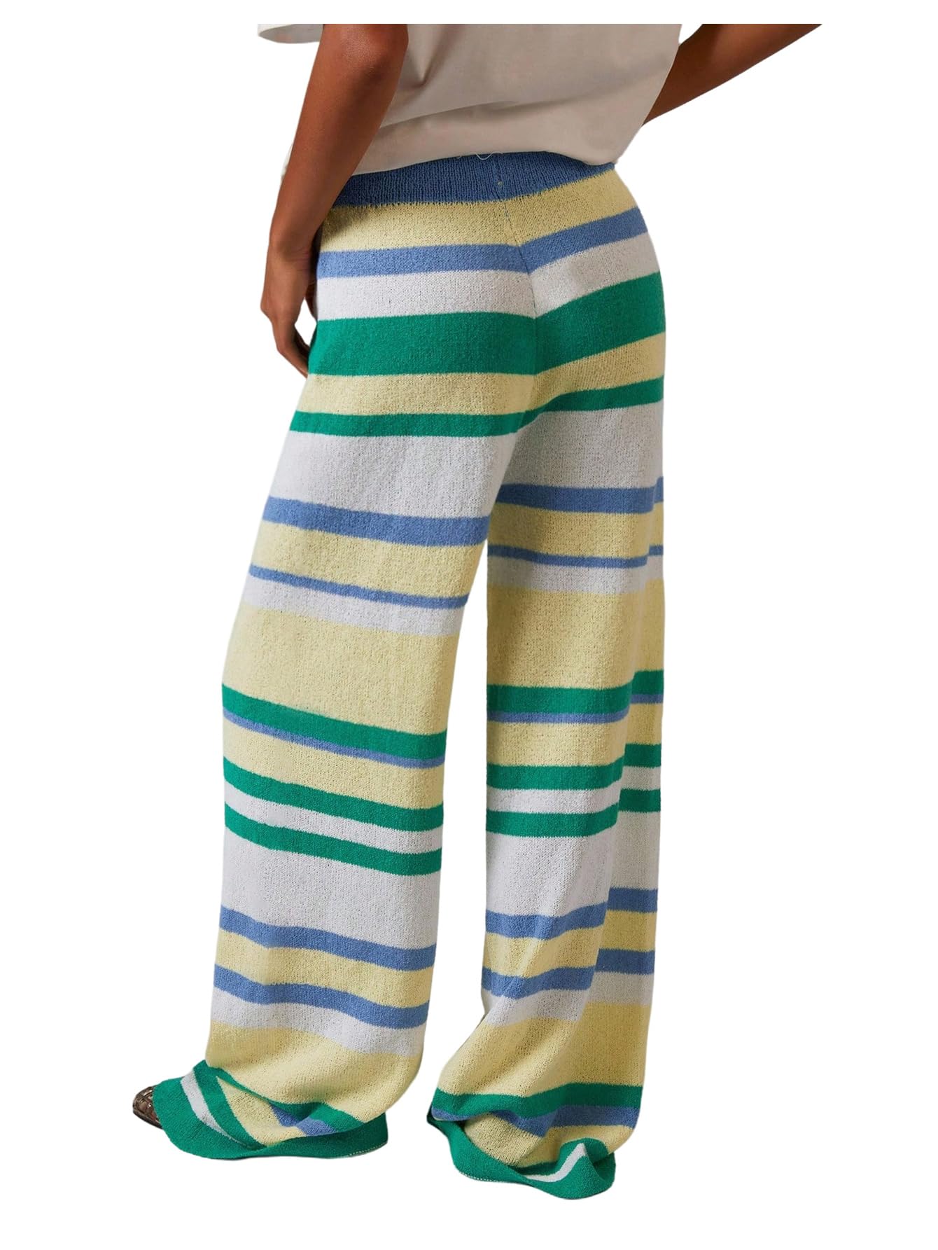 SweatyRocks Womens Striped Drawstring Pajama Pants Crochet Wide Leg Lounge Pants Knit Sweatpants