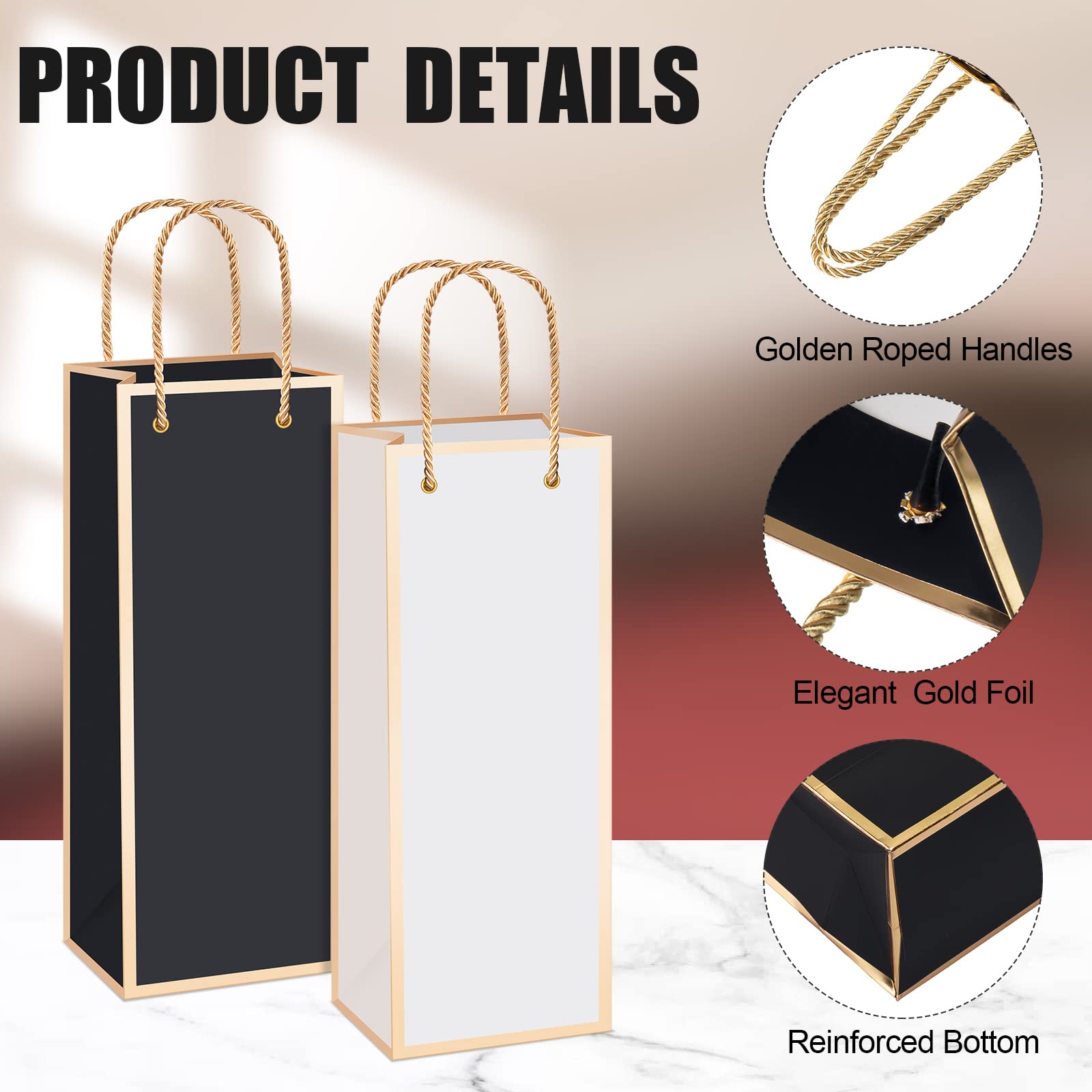 Wein-Geschenktüten Aus Karton – 2 Stück, 10x10x27 Cm, Weiß Mit Goldfolie, Wiederverwendbar