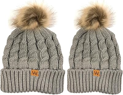 allydrew Winter Warm Soft Knit Beanie with Faux Fur Pom Pom, Mommy & Me Ash Gray Beanie