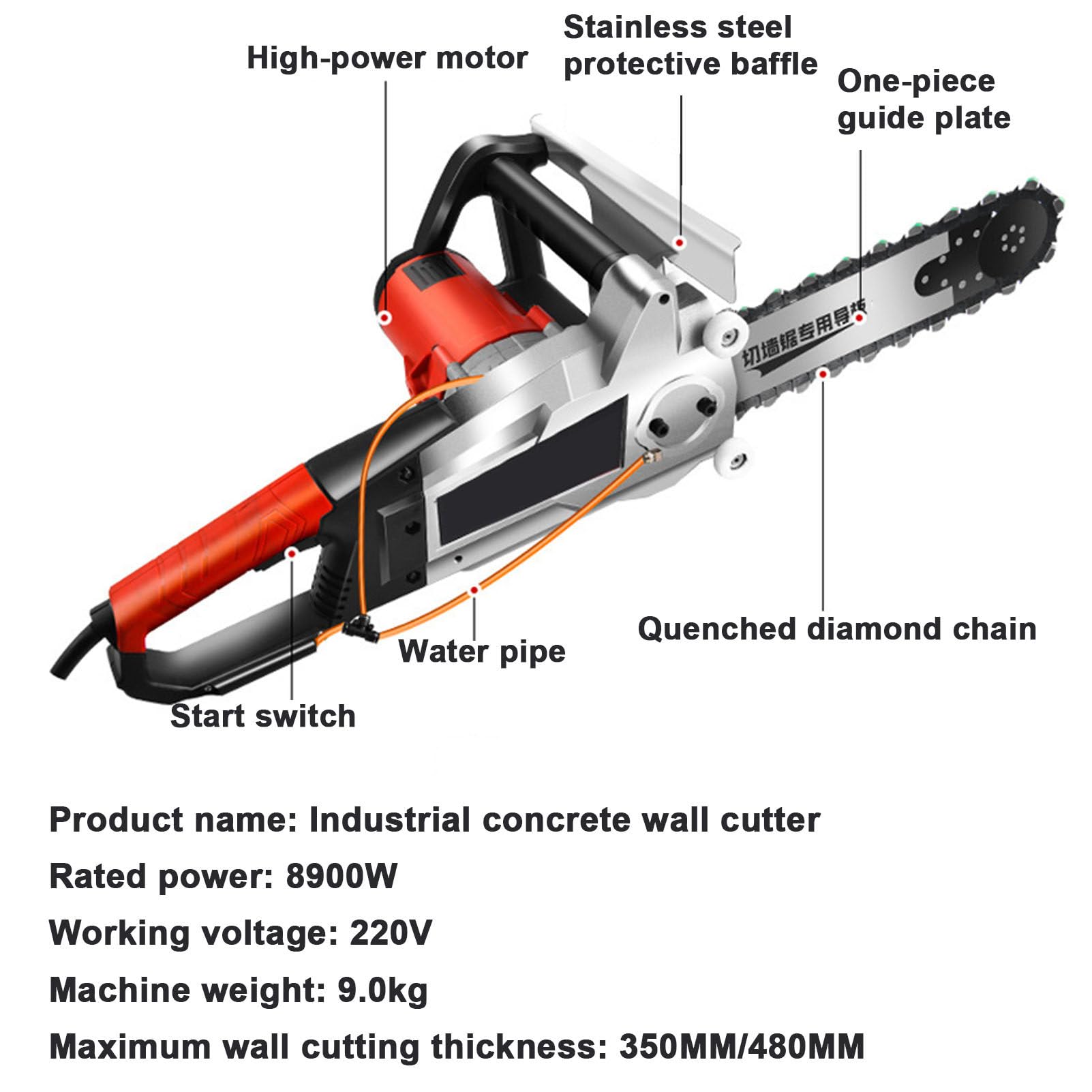 Motosierra eléctrica para hormigón, motosierra de mano sin escobillas, motosierra para cortar hormigón, cortadora de muros eléctrica con cadena de diamante, con supresión de polvo,Double Chain-480