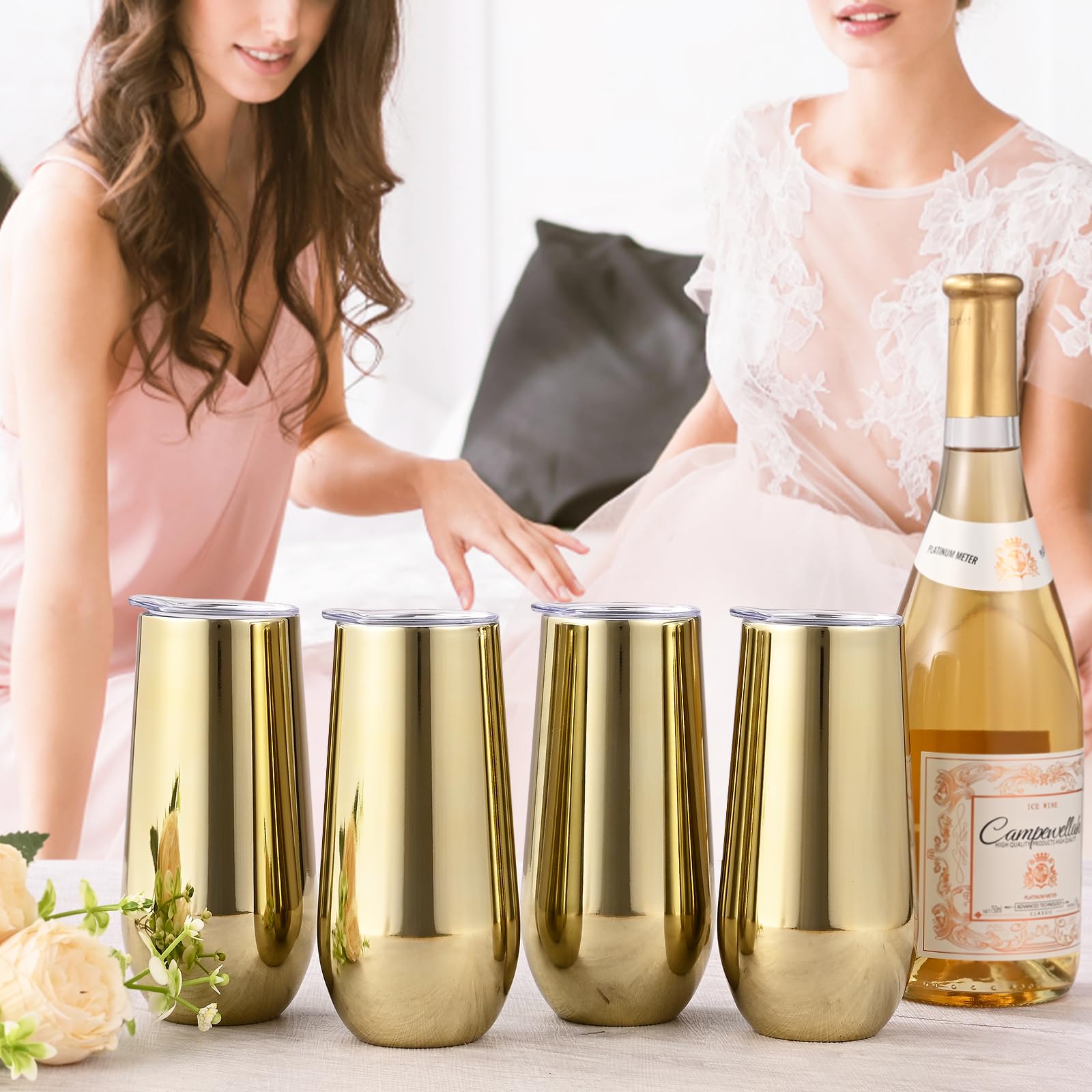 Lifecapido Lot De 2 Flûtes à Champagne Isothermes Dorées - 177 Ml - Incassables Avec Pailles Et Brosses