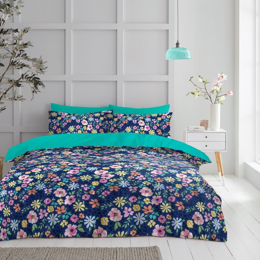 Artistic Fashionista Limited Elizabeth Microfibre Reversible Duvet Cover Set With Pillowcases - Breathable & Hypoallergenic Quilt Cover Set - Floral Leaves Botanical Geometric Check Bedding Sets (, King)