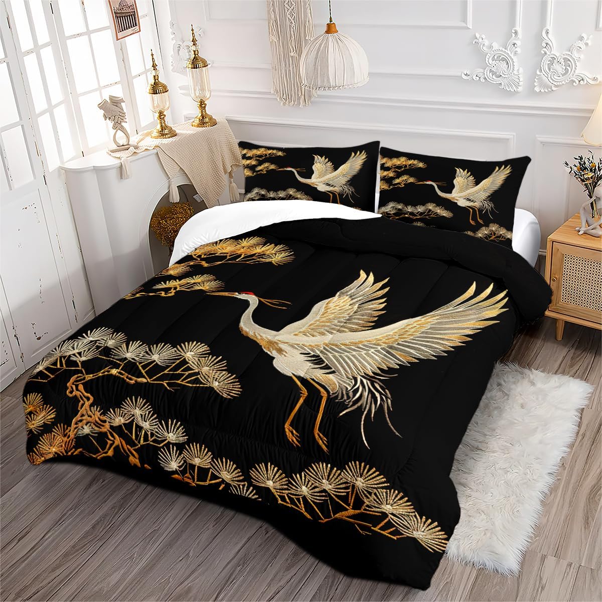 CCoutueChen Japanese Style Comforter Set Queen Size Black Gold Pine and Crane Bedding Set 3D Vintage Chinoiserie Printing Bedding White Golden Bird Tree Comforter Ultra Soft Lightweight Microfiber