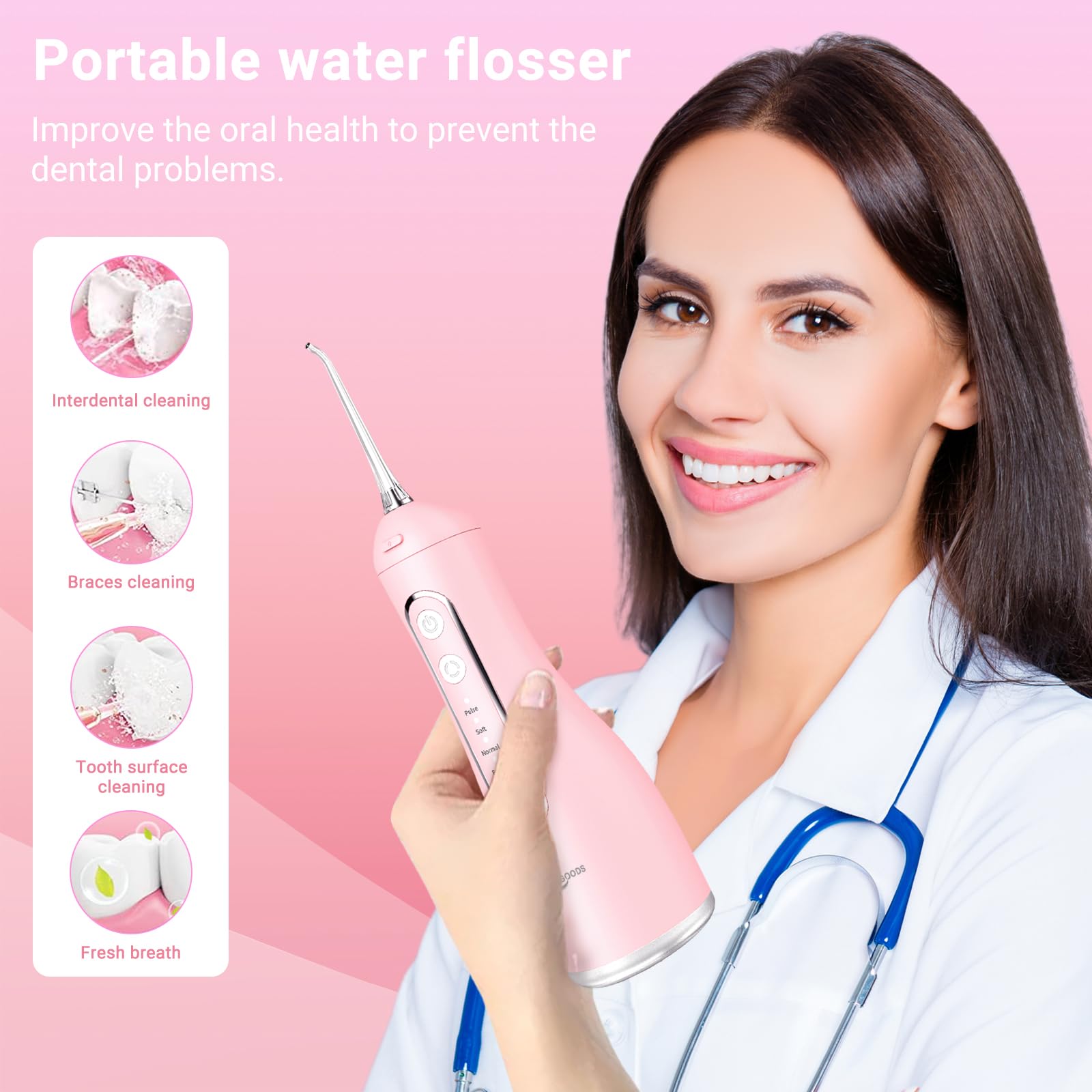 JNGOODS JNGOODS - Irrigador bucal inalámbrico de agua, 300 ml, recargable para dientes, IPX7, impermeable, 4 modos, irrigador oral portátil con 4 puntas de chorro, uso doméstico de viaje (rosa)