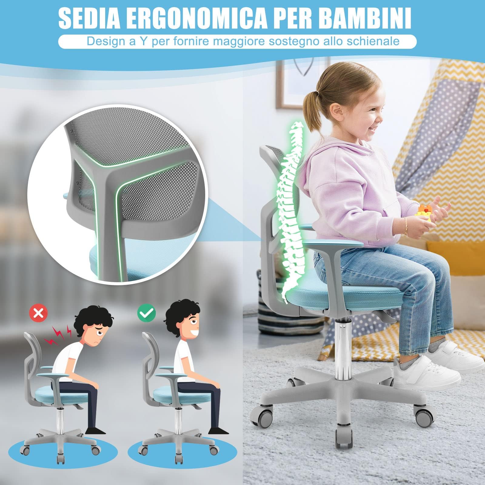 GYMAX Sedia da Scrivania per Bambini, Carico 150 kg, Sedia Ergonomica, Altezza Regolabile, Girevole a 360° (BLU)