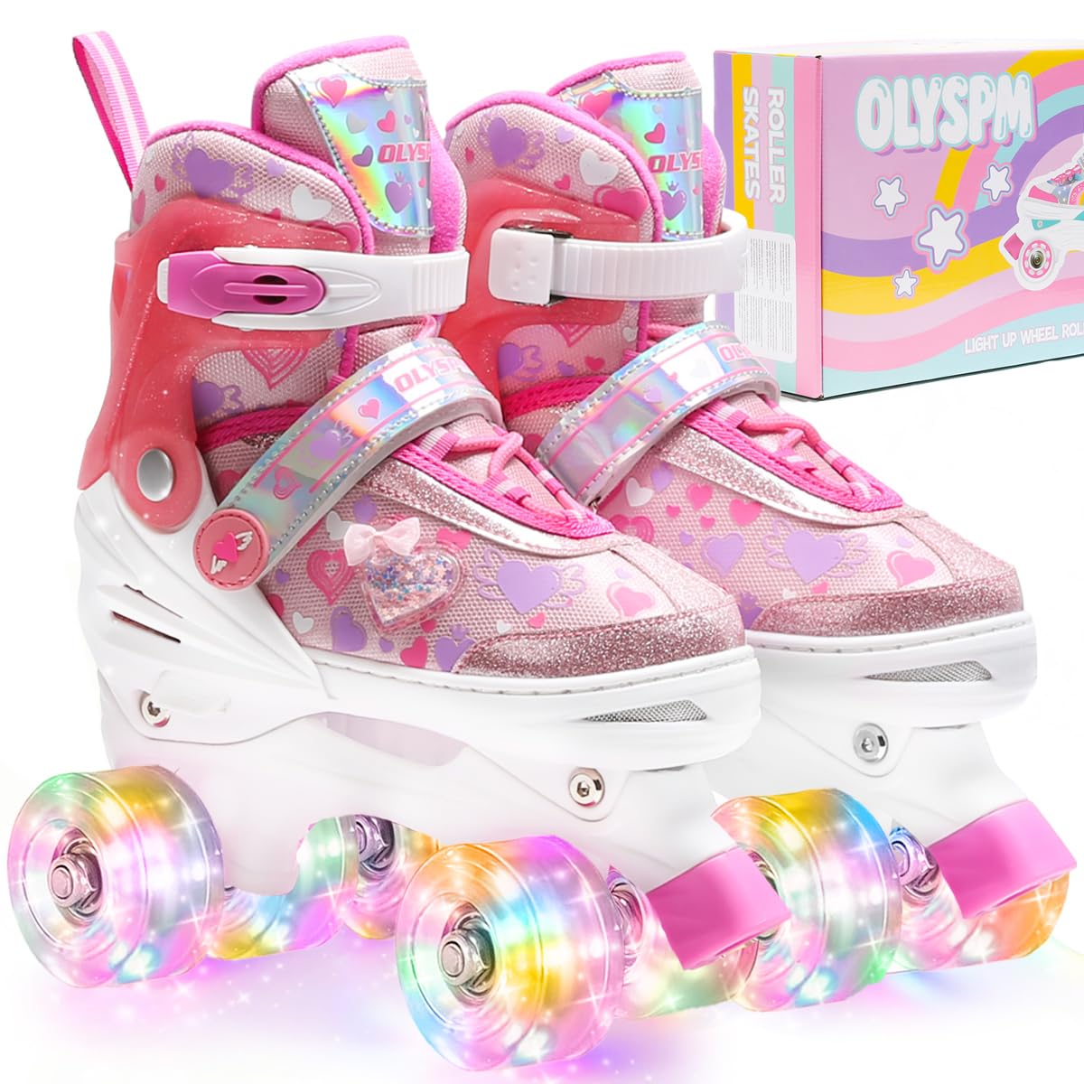 Patin a Roulette Fille,Rollers Enfant Fille avec Motif Intégral de Cœurs Rêveurs & 8 Roues Lumineuses,4 Tailles Réglables,Idée Cadeau Anniversaire Noël