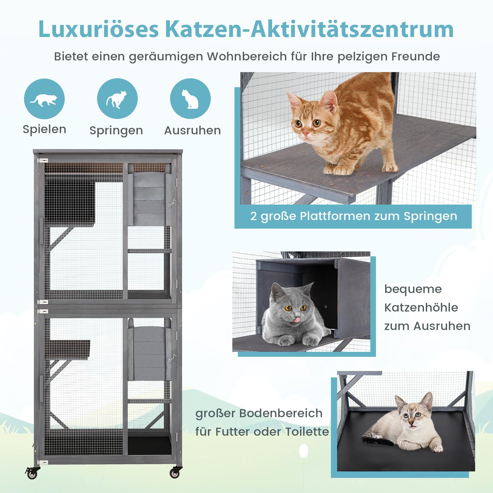 COSTWAY Katzenhaus Outdoor Winterfest, 182cm, Katzengehege Holz für den Außenbereich, großer Katzenkäfig auf Rädern, Gehege mit Asphaltdach, Eingangstür, 2 Plattformen & Ruhehöhle, Grau
