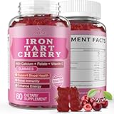 Tart Cherry Iron Supplement for Women & Men, Iron Gummies with Calcium, Zinc, Folate & Vitamin C & B12 for Immune Support, (60 Count) - Sugar Free,Vegan