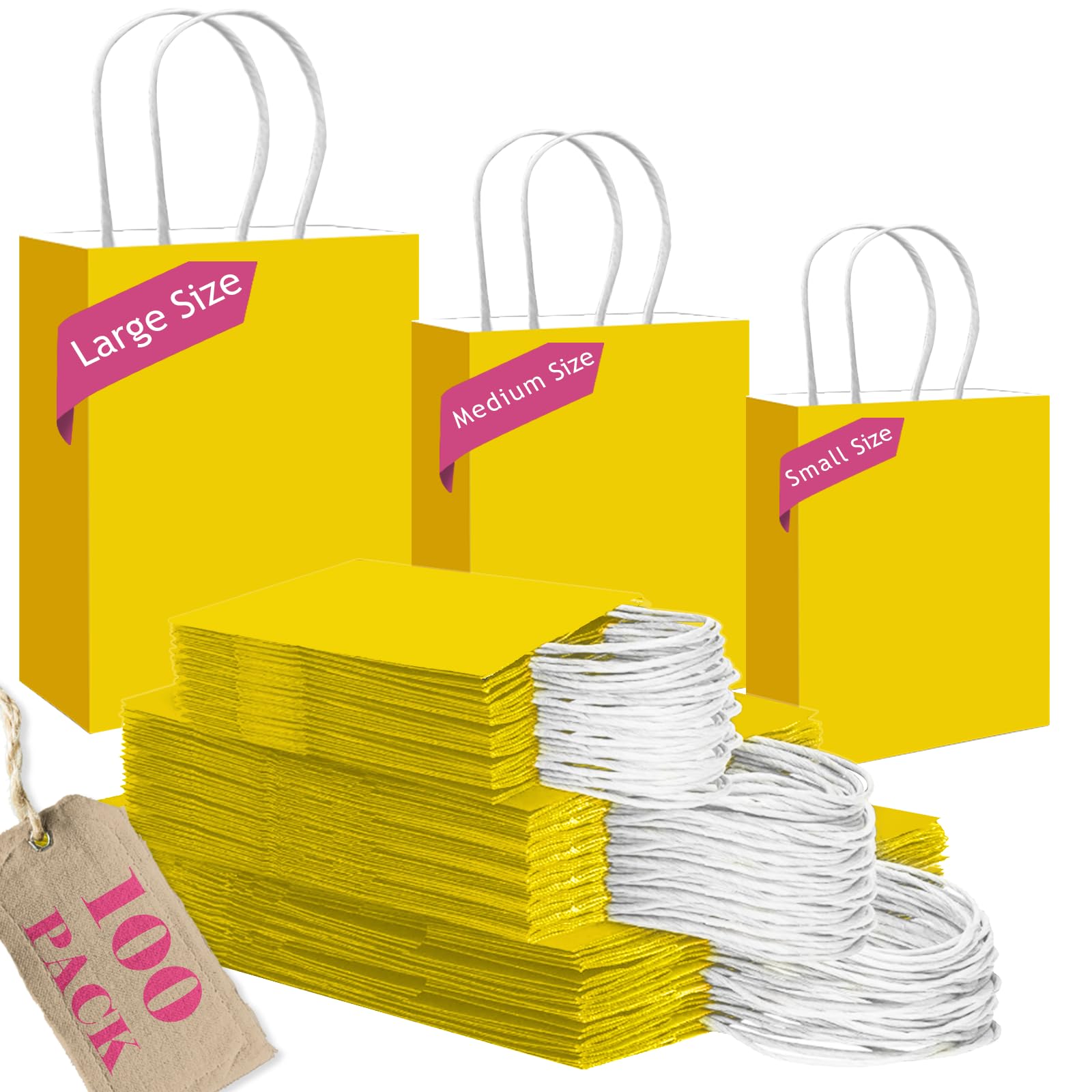 qiqee 100PCS Gift Bag with Handles Bulk Bright Yellow Paper Bags Assorted Sizes(33pcs Large 13",33pcs Medium 11",34pcs Small 8")