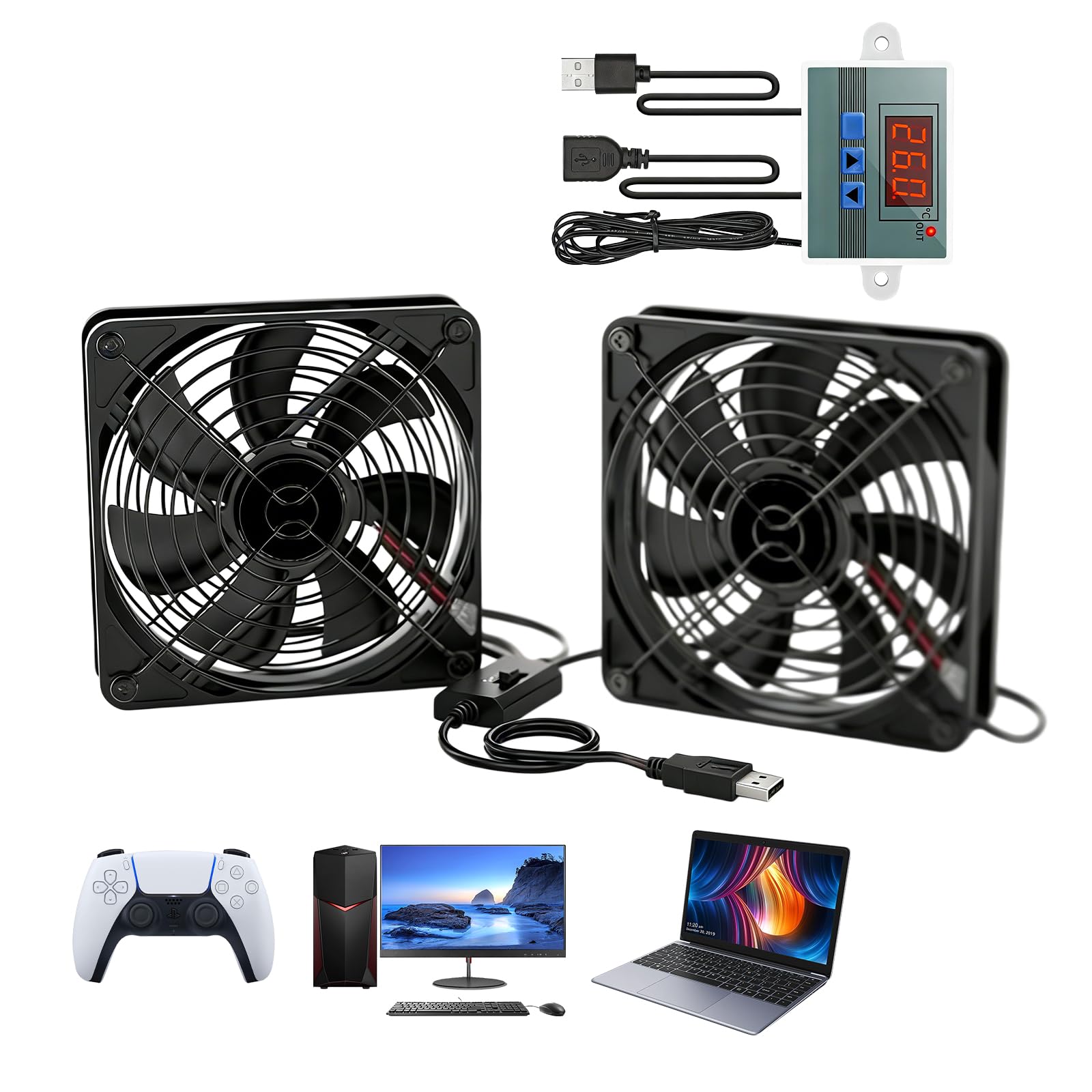Ventilador USB de 120 mm con regulador de temperatura digital, 5 V Dual USB para PC con 3 velocidades ajustables, ventilador de carcasa, ventilador USB Dual Rodamiento de bolas para PS5/router/TV Box