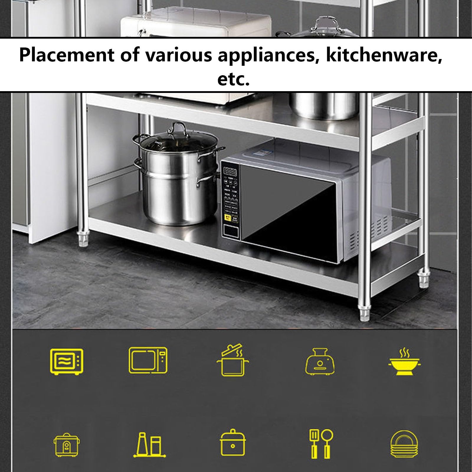 EstanteríA de Cocina EstanteríA para Microondas Muebles Auxiliar de Cocina de Niveles Estante Abierto de Pie con Valla y Almohadilla para Pies Ajustable Acero Inoxidable Plata(110 * 35 * 95)